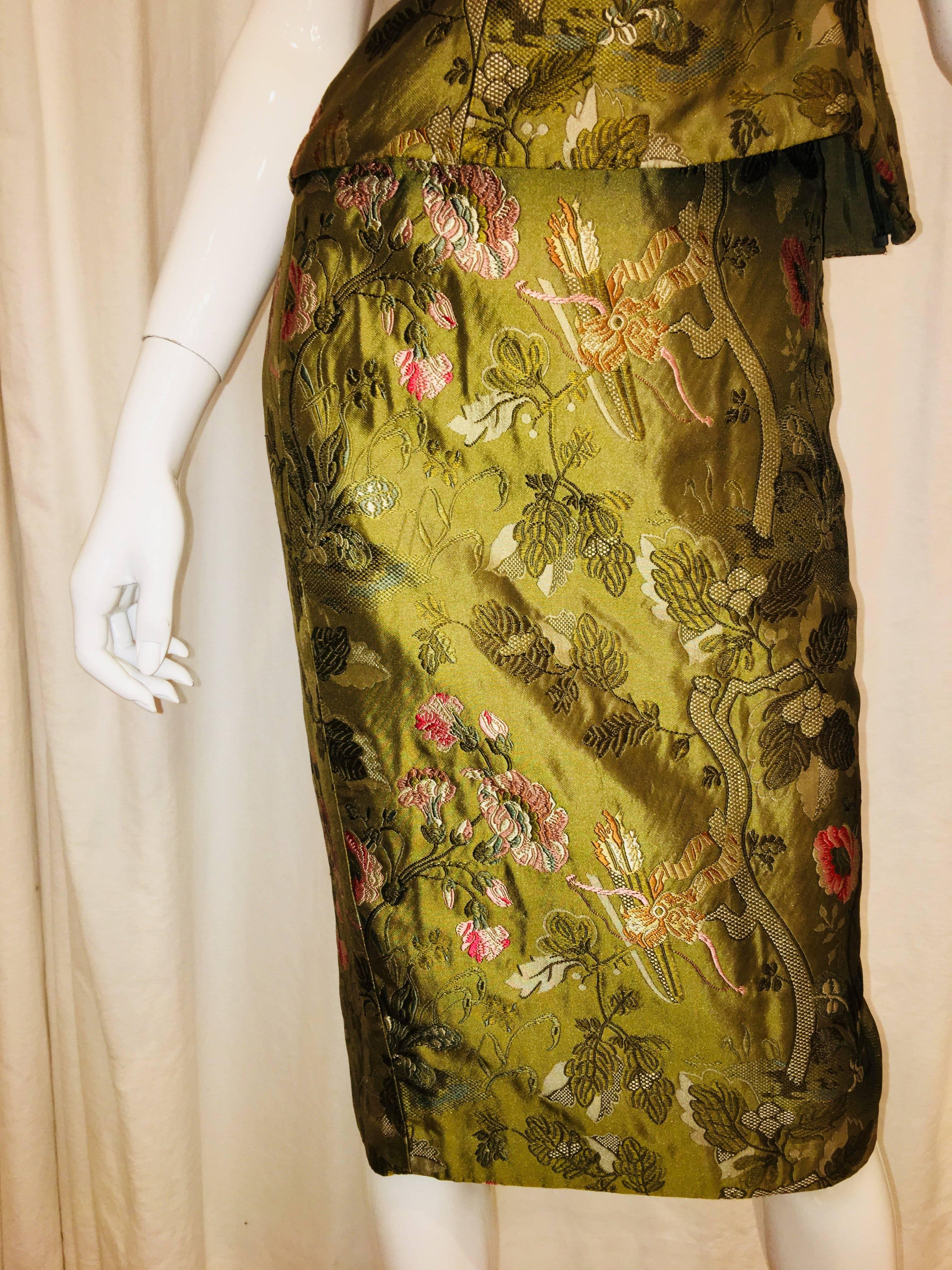 Ralph Lauren Green Floral Silk 2 Piece with High Waisted Pencil Skirt and Spaghetti Strap Top.