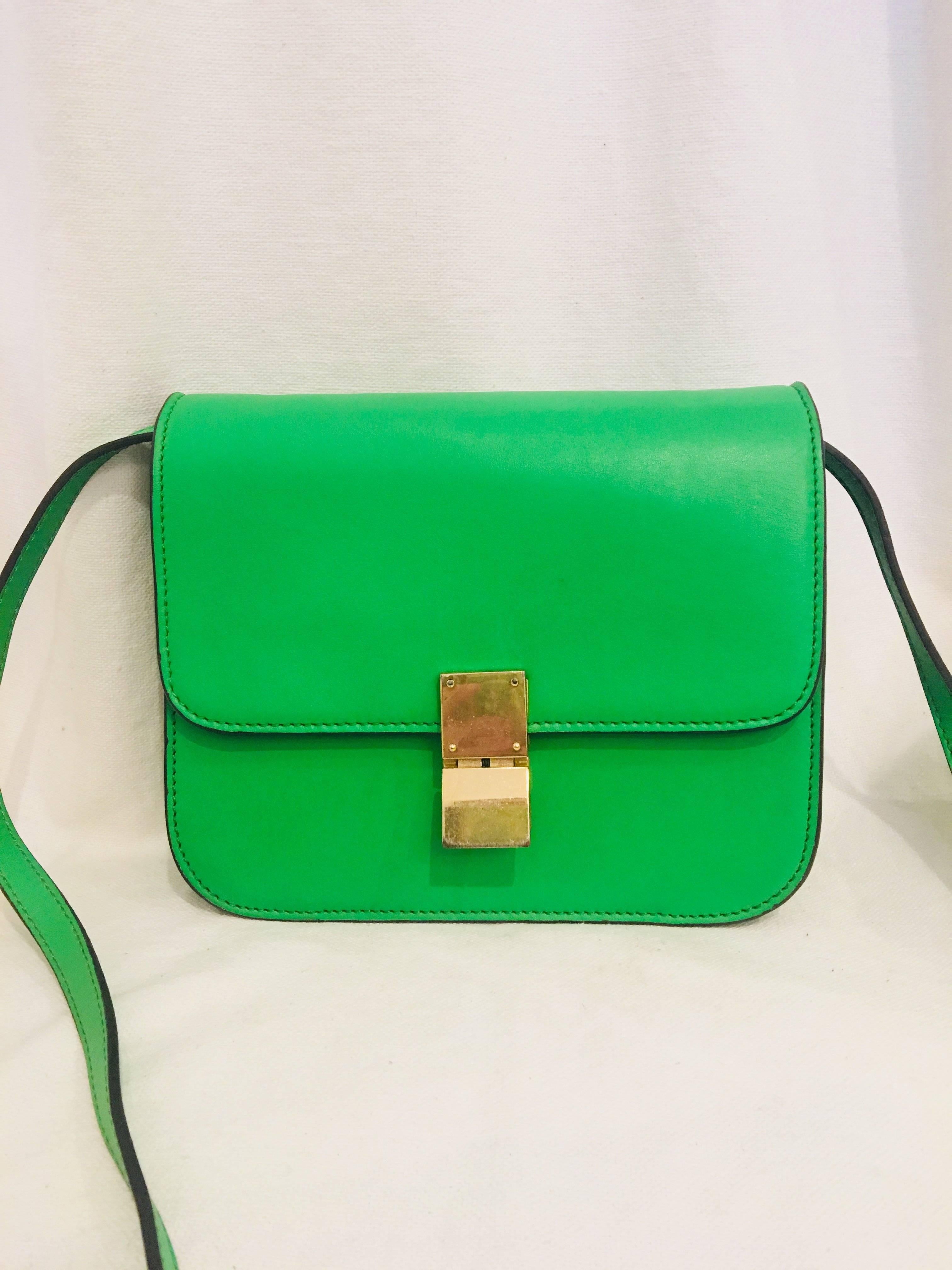 Celine Small Green Messenger with Gold Hardware and Crossbody Strap.