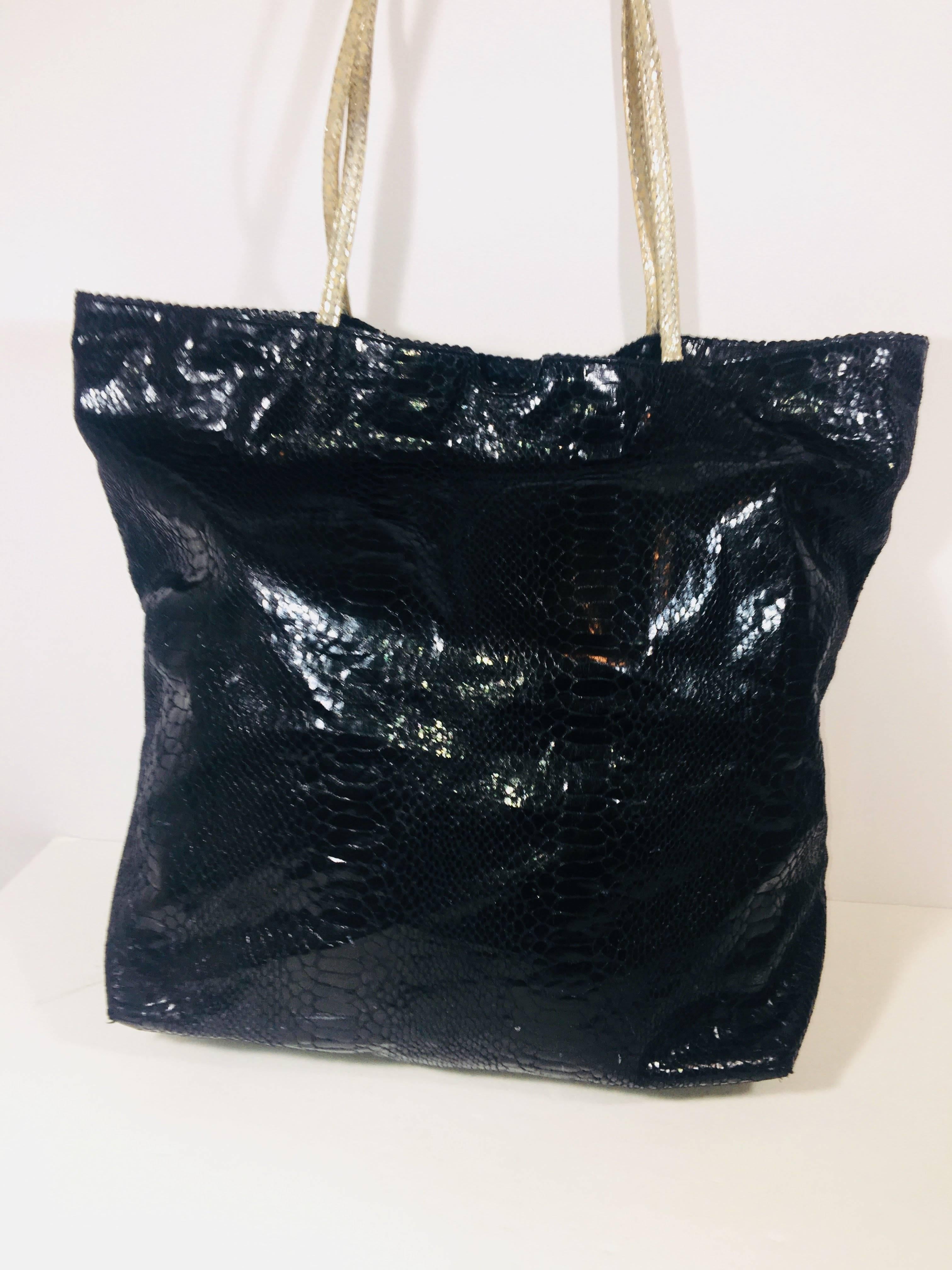 Fatto A Mano by Carlos Falchi Large Tote in Black/Beige Embossed Metallic Leather with Bright Floral Interior Lining. 