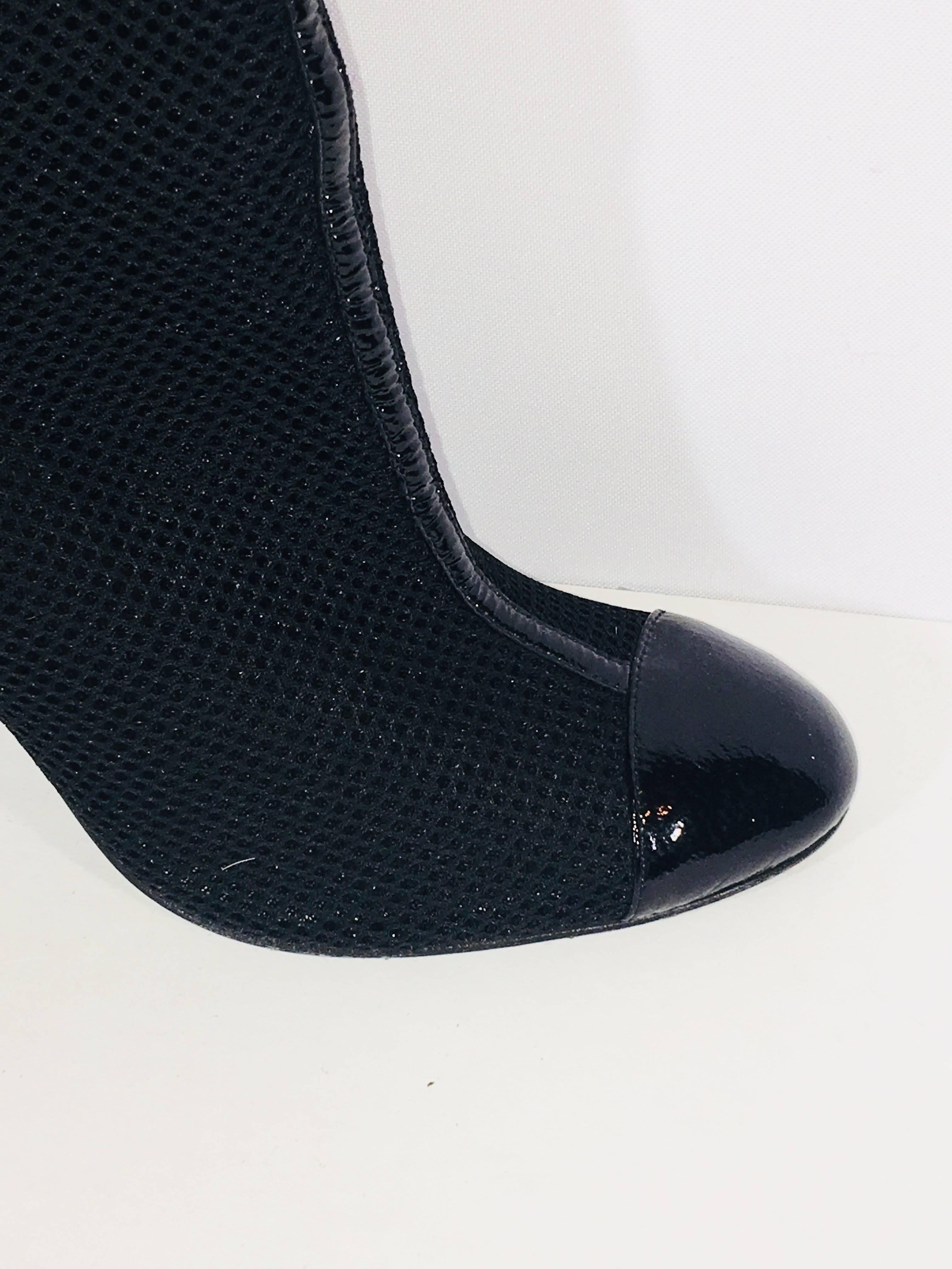 Chanel Round Toe Bootie with Patent Leather Panels and Perforated Mesh Body and Zipper Back.