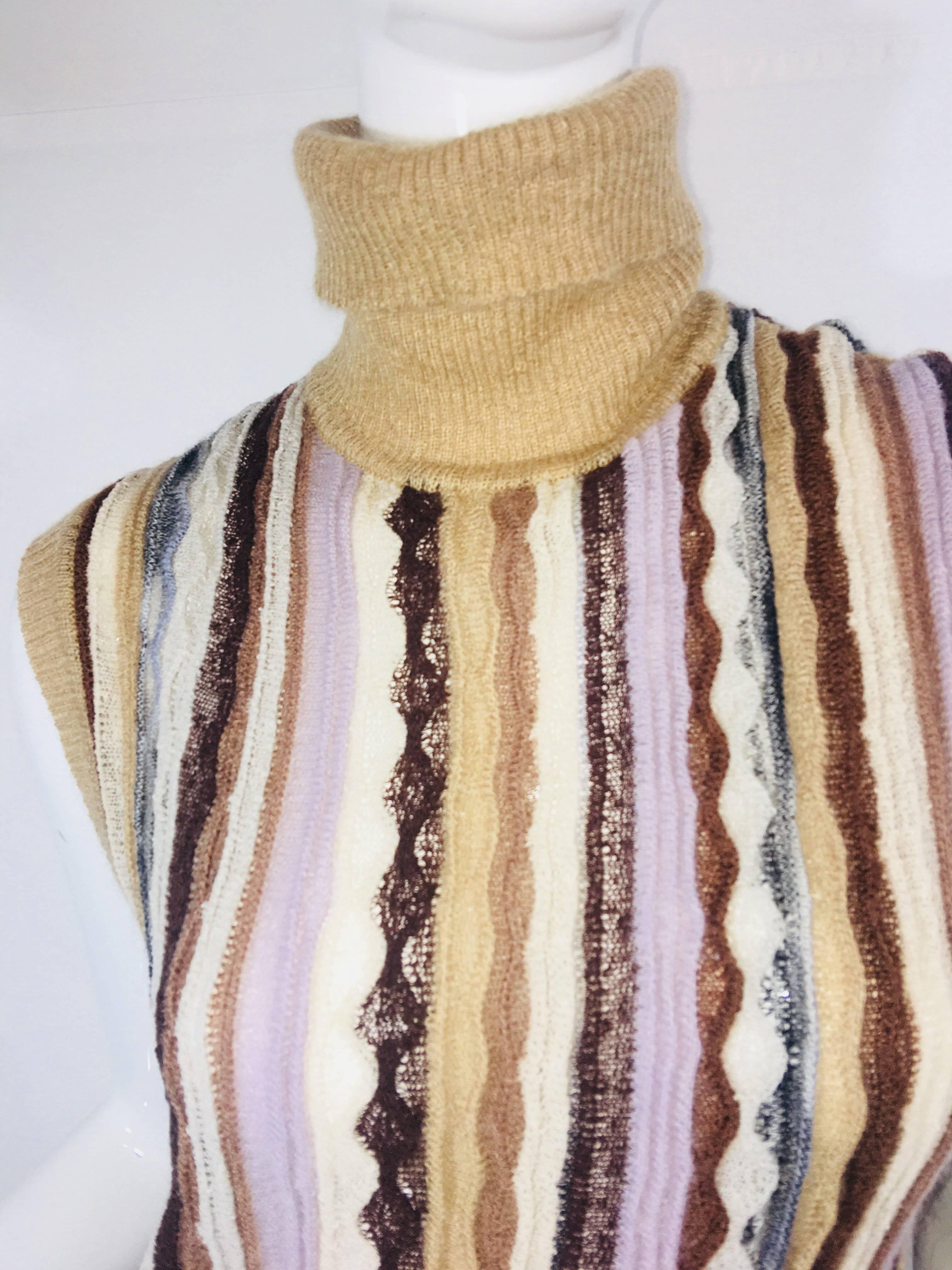 Missoni Sleeveless Turtleneck in Tan and Multi Stripes.