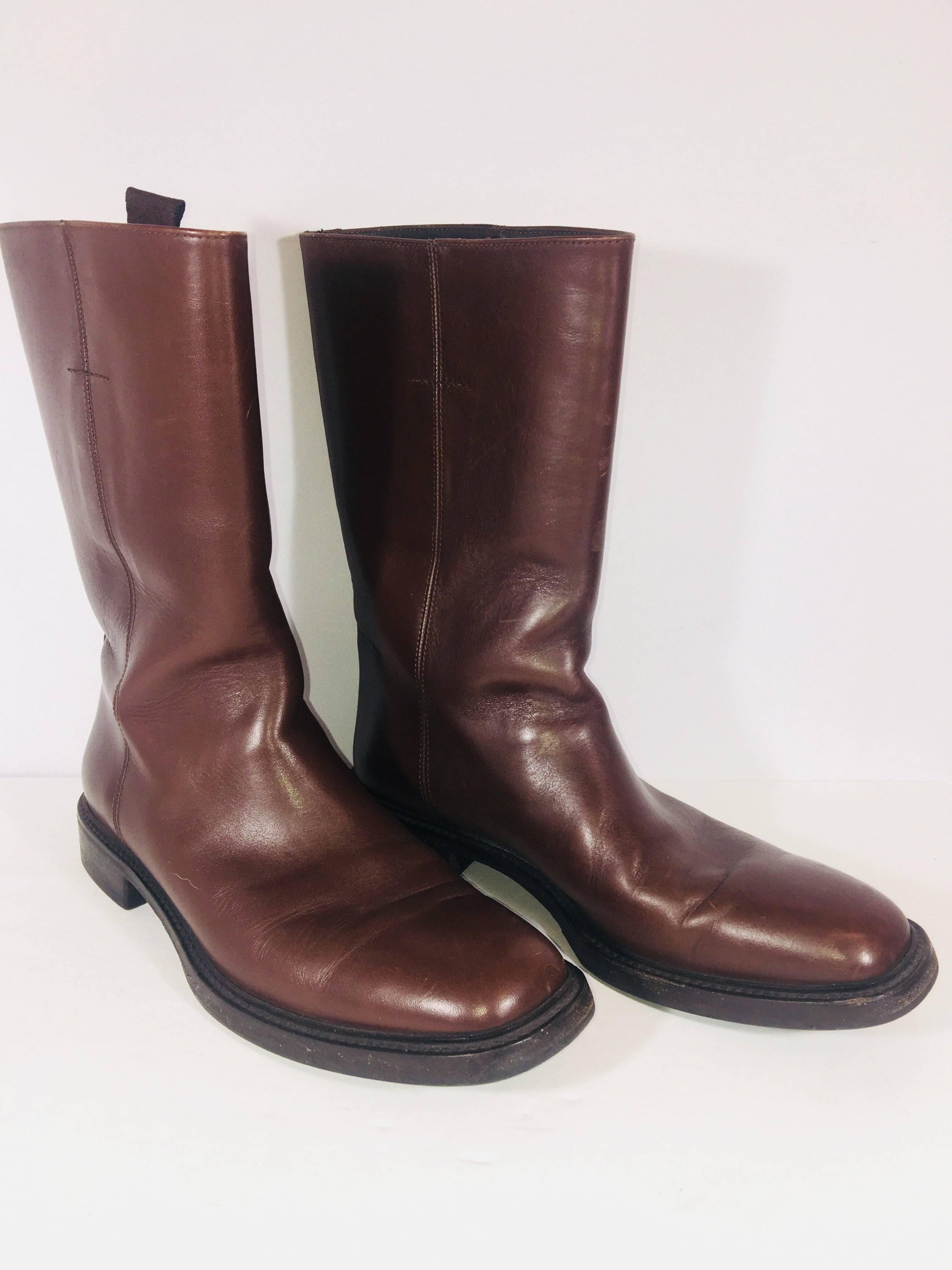 Men's Prada Pull On Brown Leather Riding Boots with Square Toe.