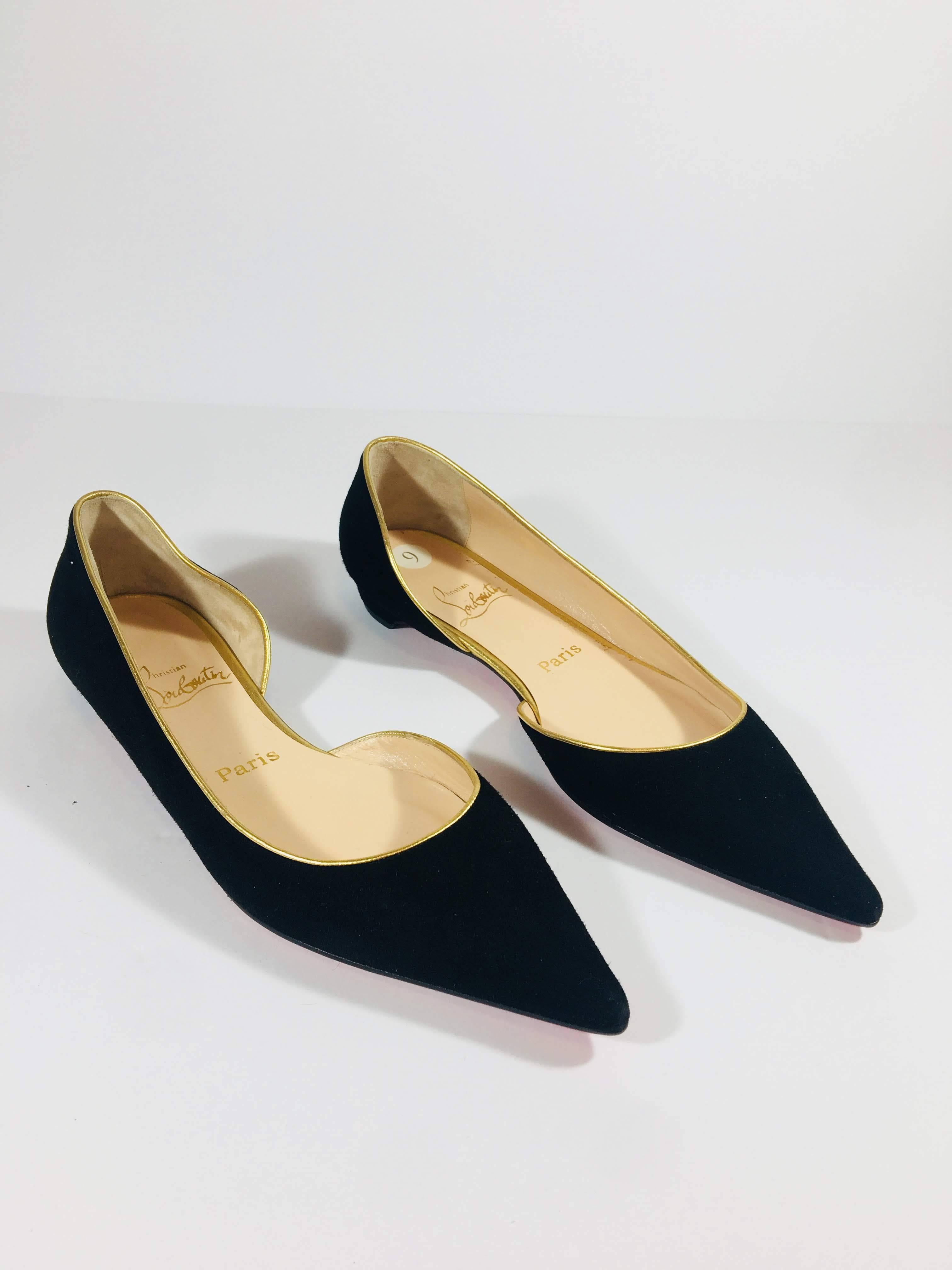 Christian Louboutin Size 39 Flats in Black Suede. Pointed Toe Half d'Orsay with Gold Leather Trim.