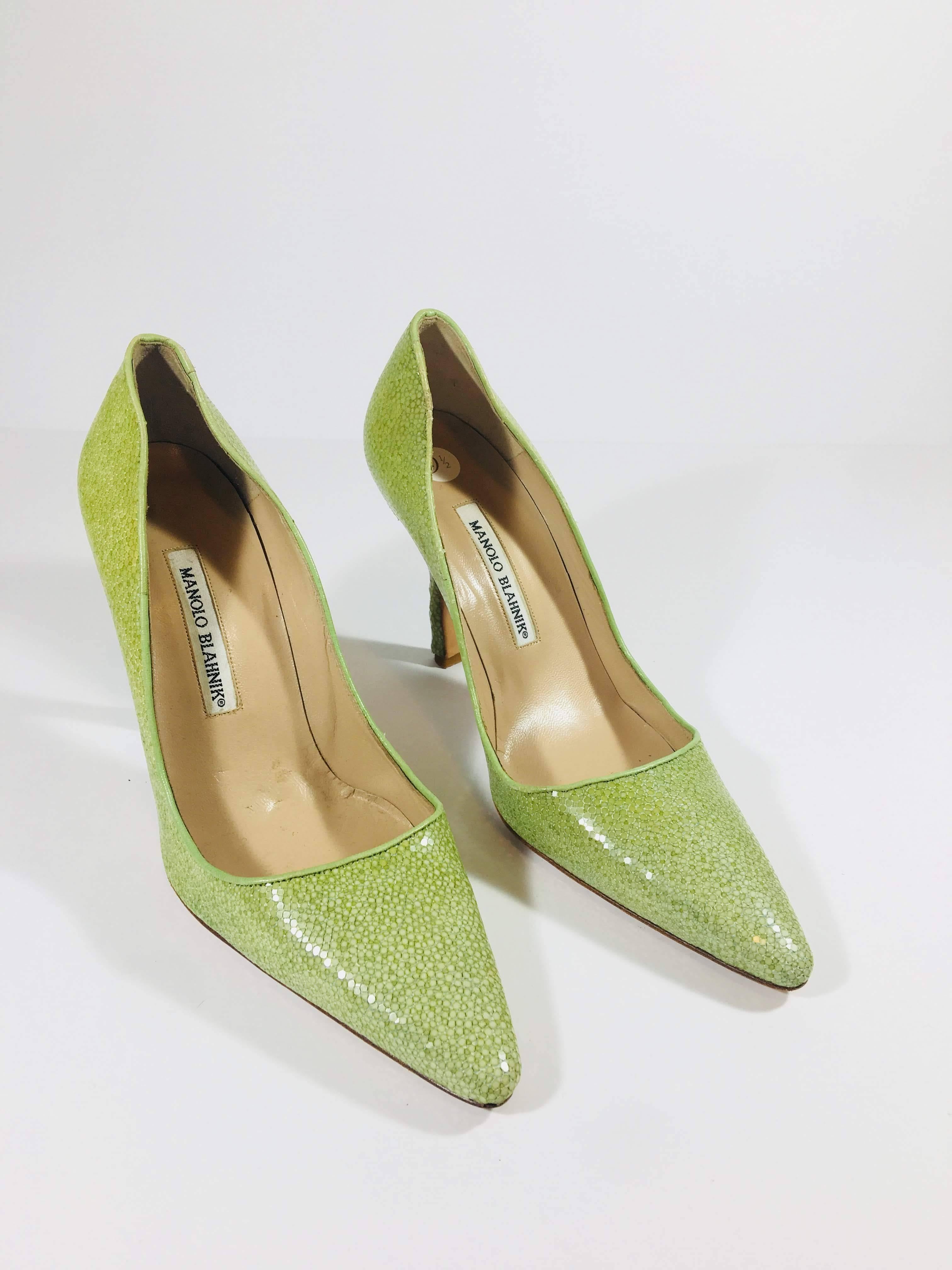 Manolo Blahnik Green Mosaic Print Leather Pumps with Stiletto Heel and Solid Green Piping.