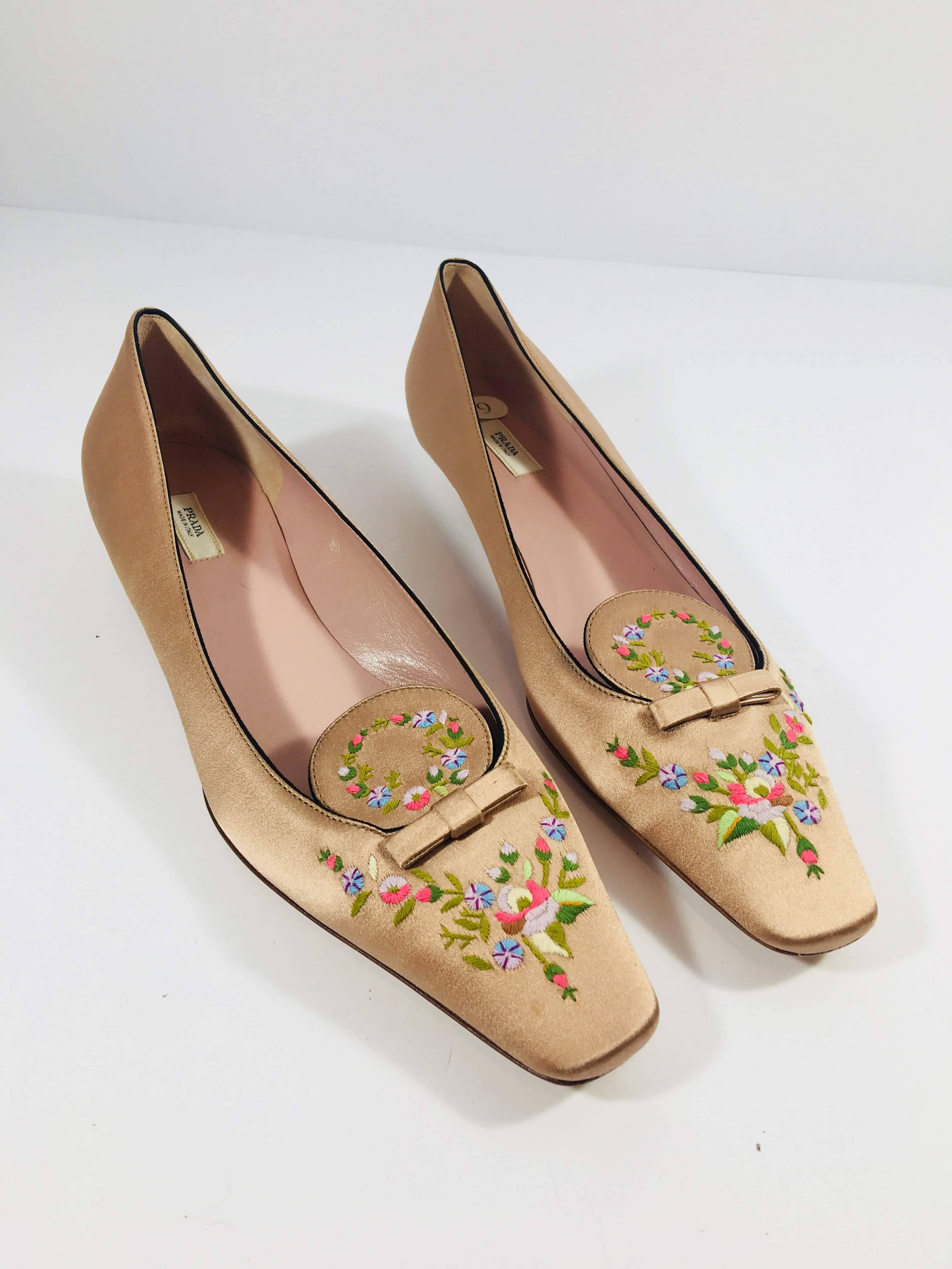 Prada Kitten Heels in Champagne Satin with Square Toe and Embroidered Floral Design Around Toe and Round  Tongue.