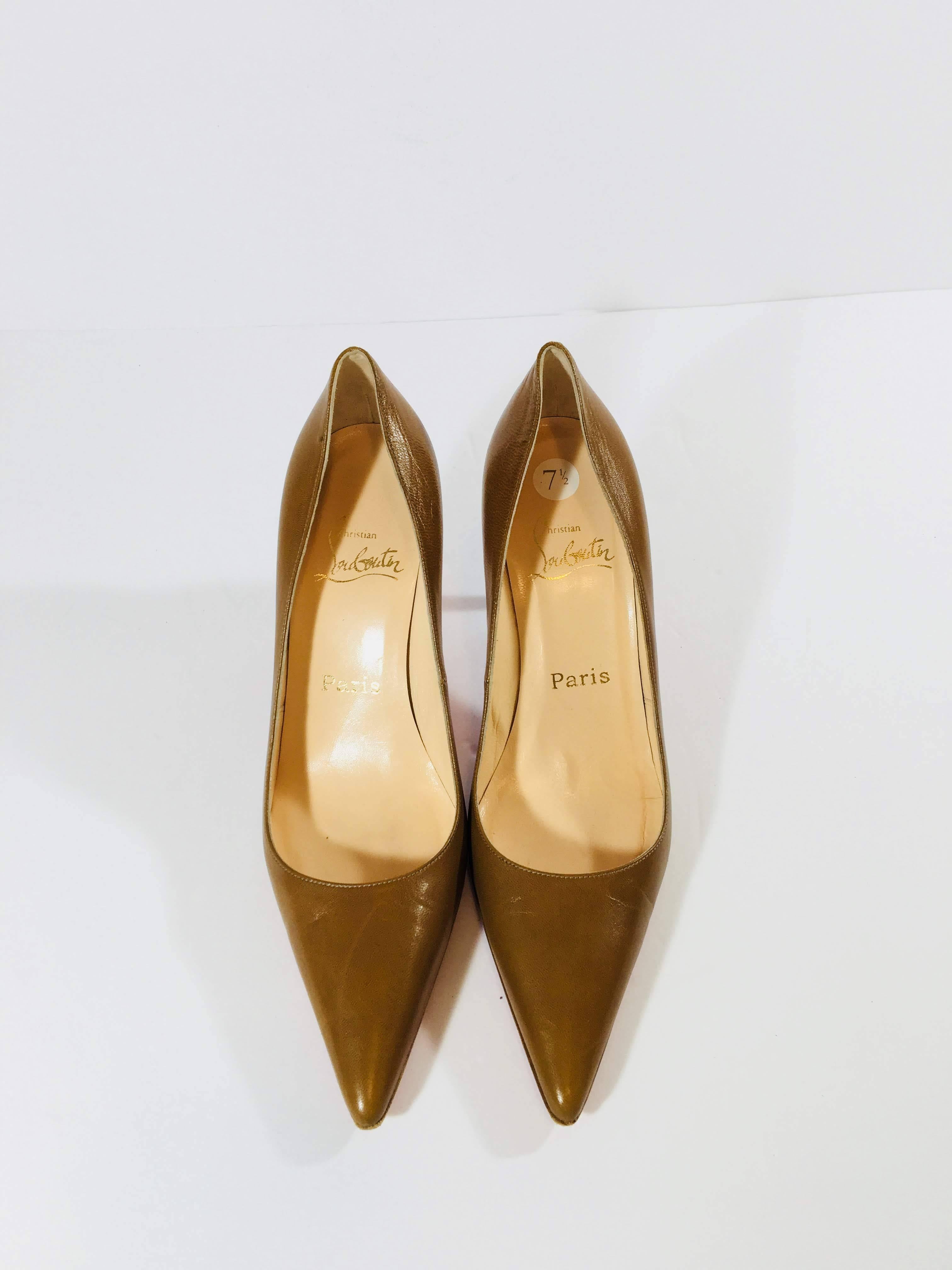 Christian Louboutin Brown Leather Heels, Pointed Toe Pumps.