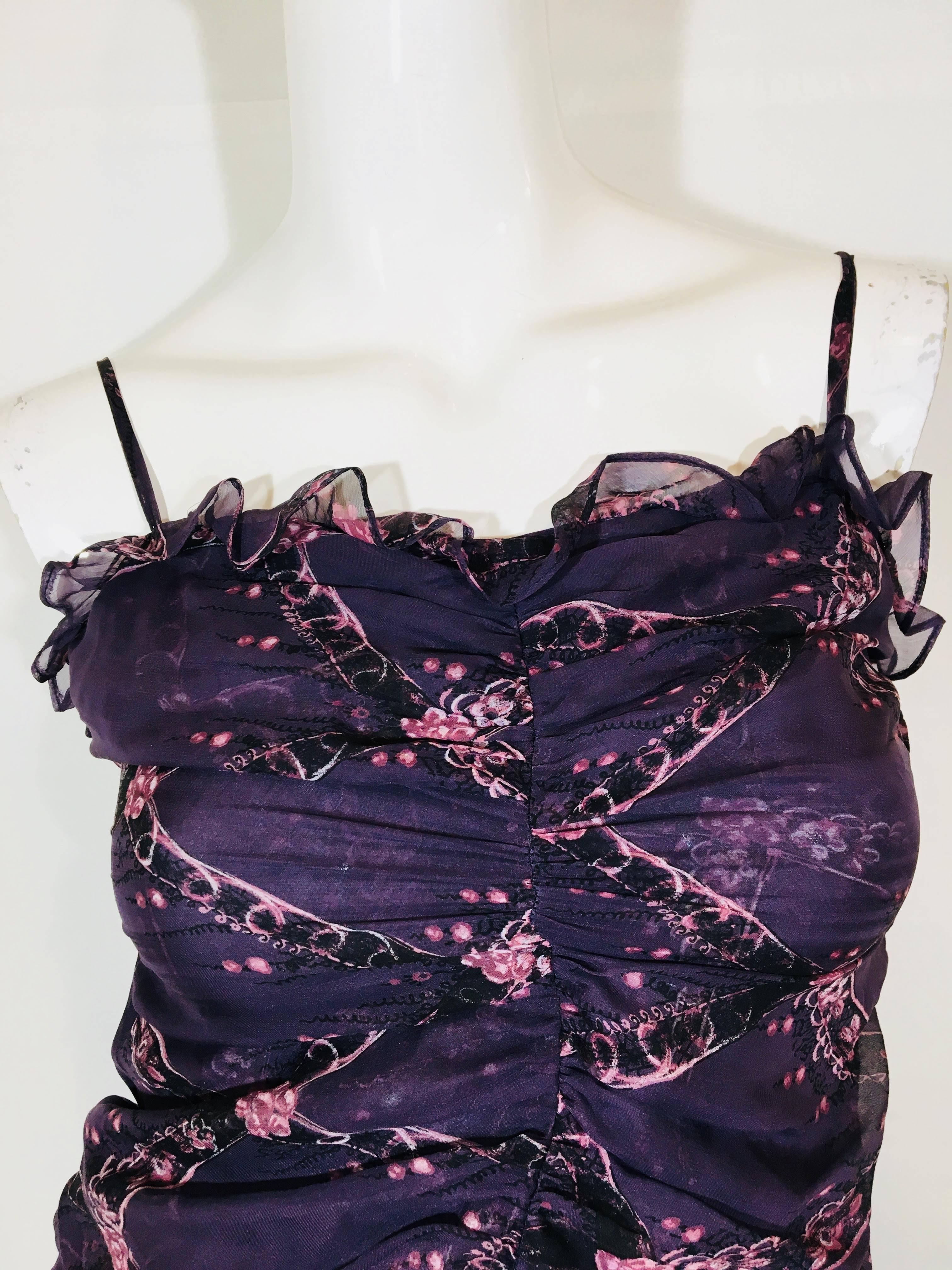 Tuleh Purple Silk Dress with Ruffles and Ribbon Print with Side Zipper. 