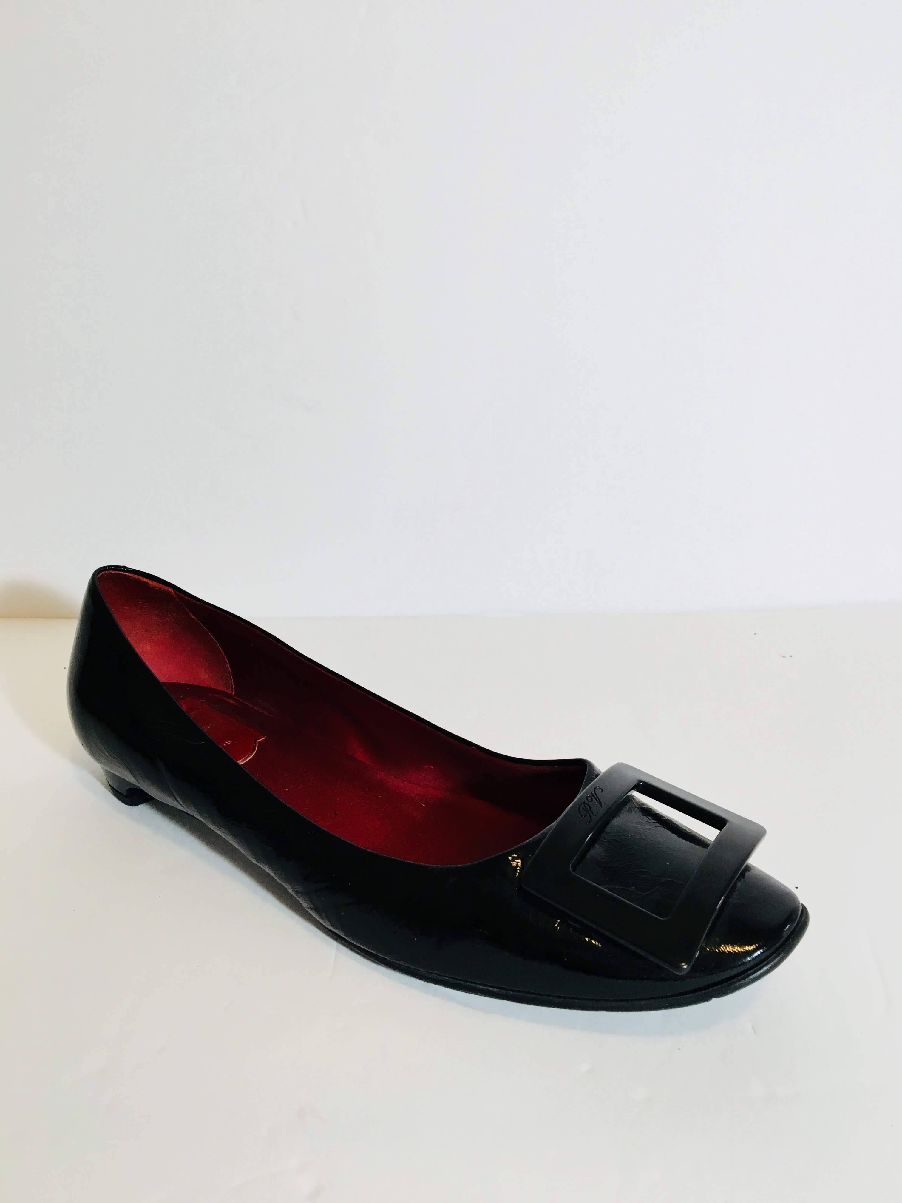 Roger Vivier Black Patent Leather Ballet Flats with Kitten Heel and Square Embellishment at Toe.