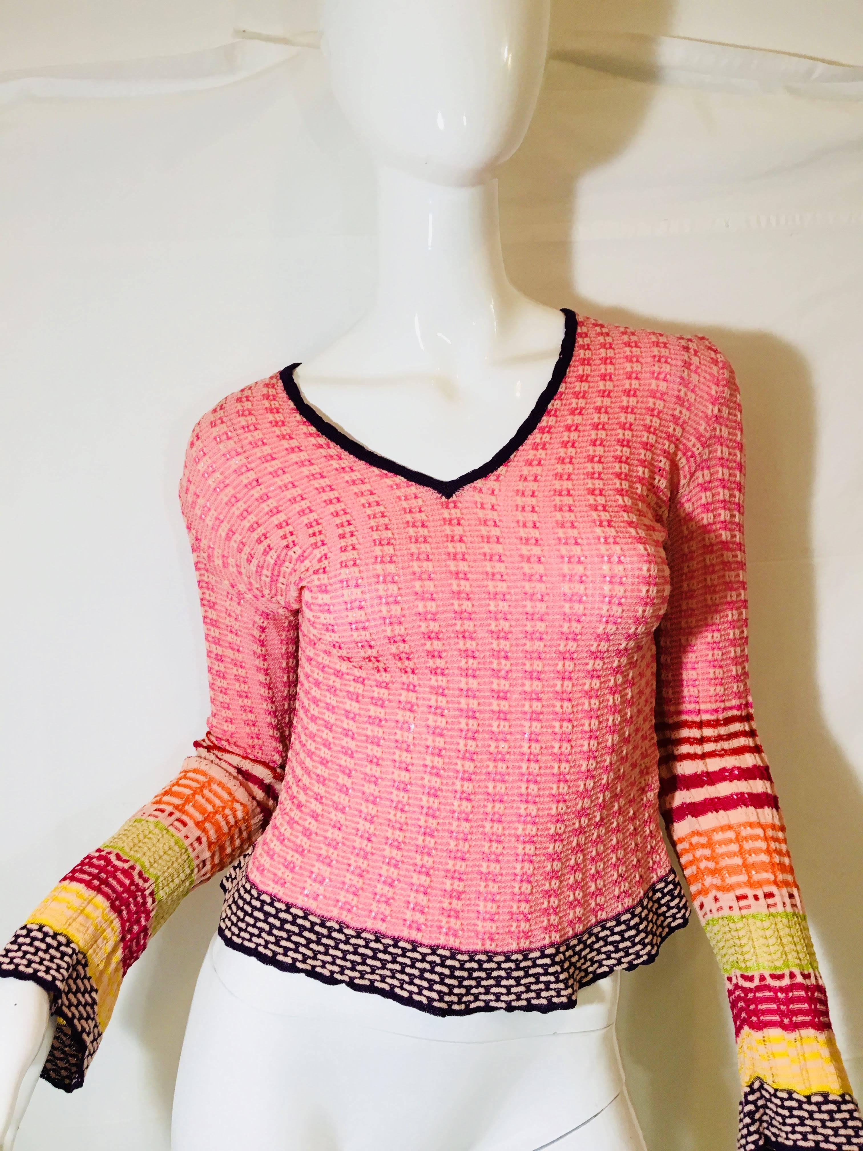 Missoni Knit Long Sleeve V-Neck Top with Striped Sleeves.