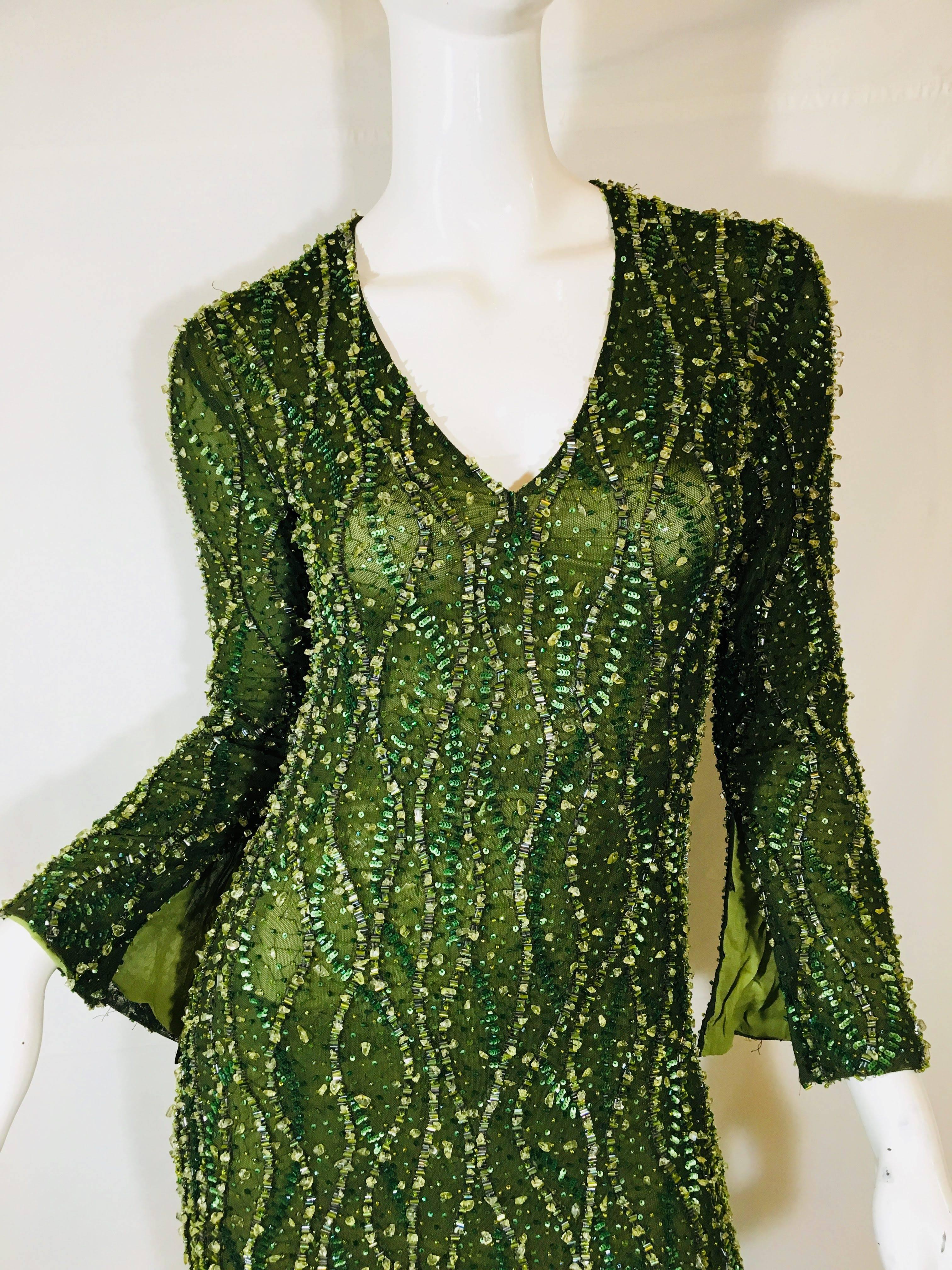 Douglas Hannant Green Beaded-Embellished Gown with V-Neck and Back Zipper.
