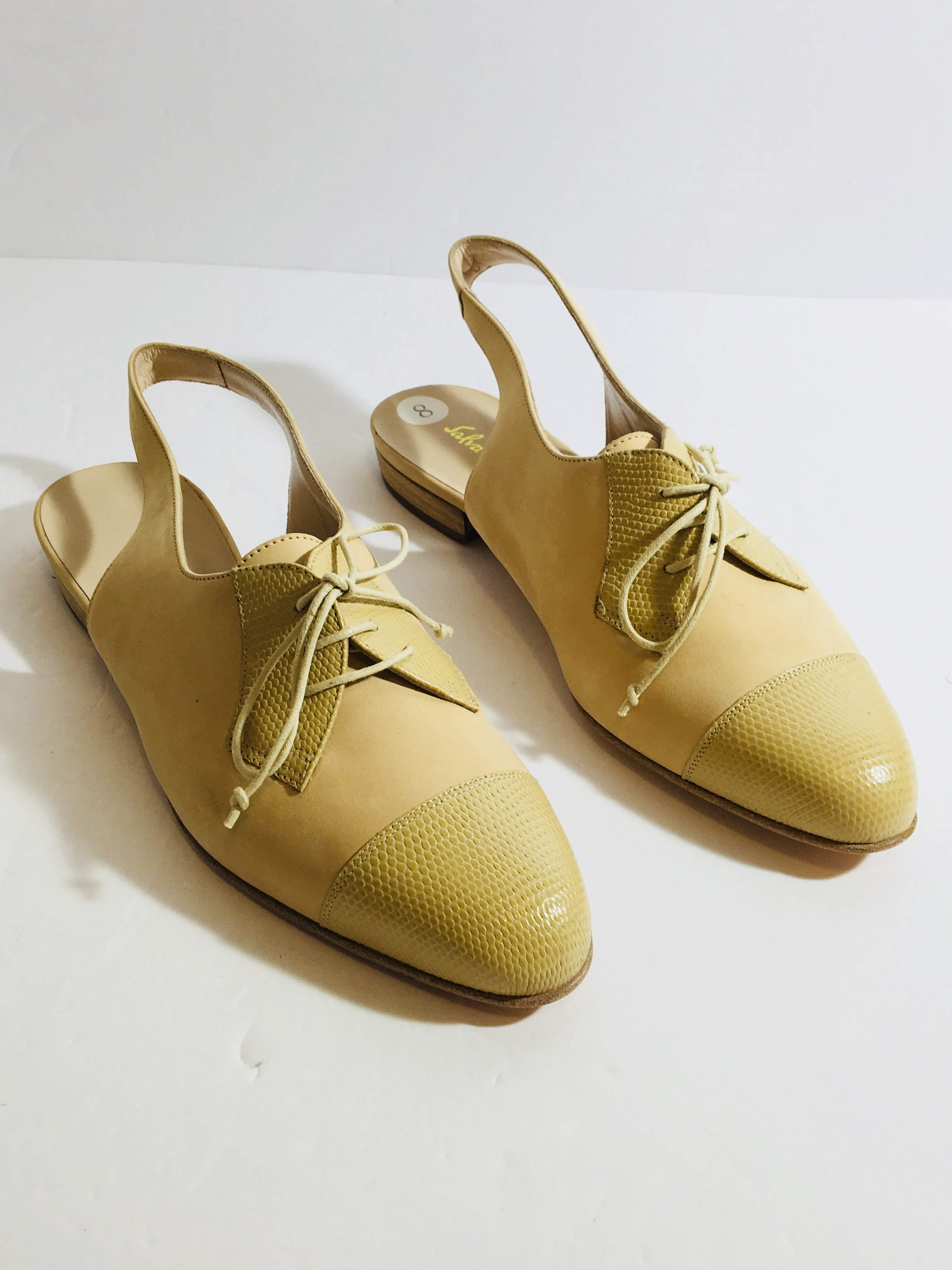 Salvatore Ferragamo Shoes in Nude Leather. Nubuck Sling Back Lace Up Shoes with Lizard Detail Toe Cap. US Size 8