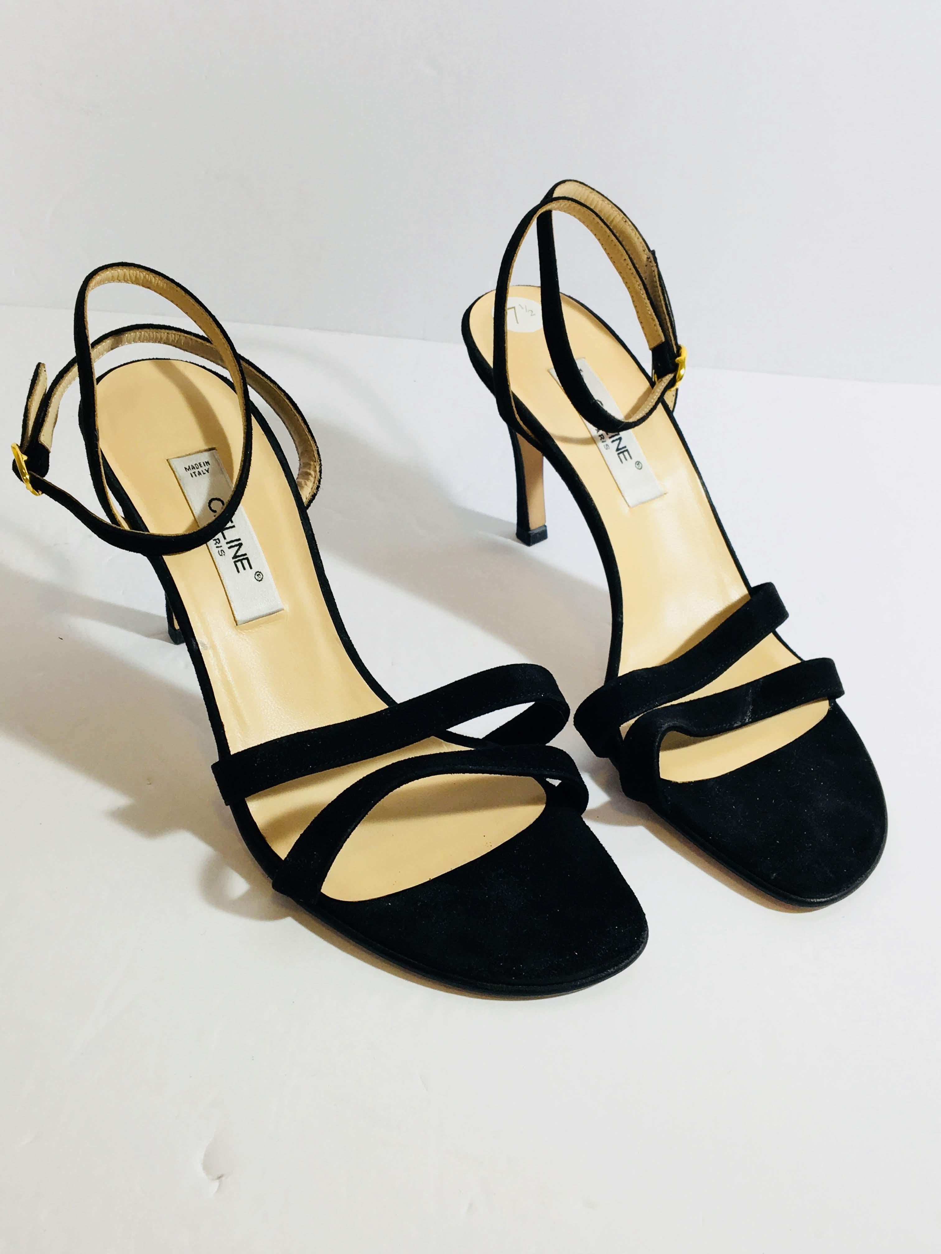 Celine Evening Sandals in Black Suede with Gold Hardware and Ankle Wrap.