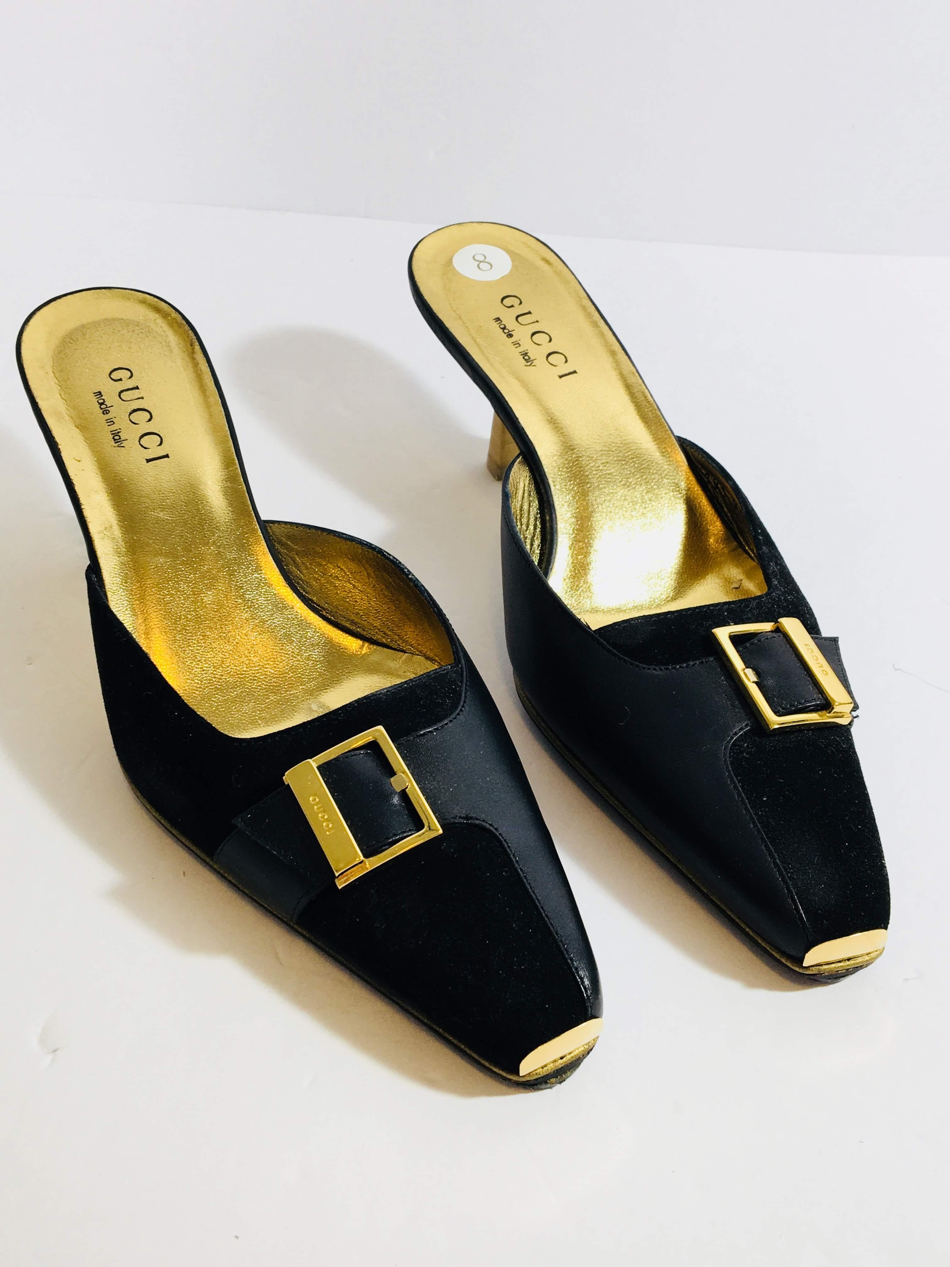 Gucci Black Leather and Velvet Paneled Kitten Heel Mule with Gold Buckle Detail and Square Toe in Size 8B.
