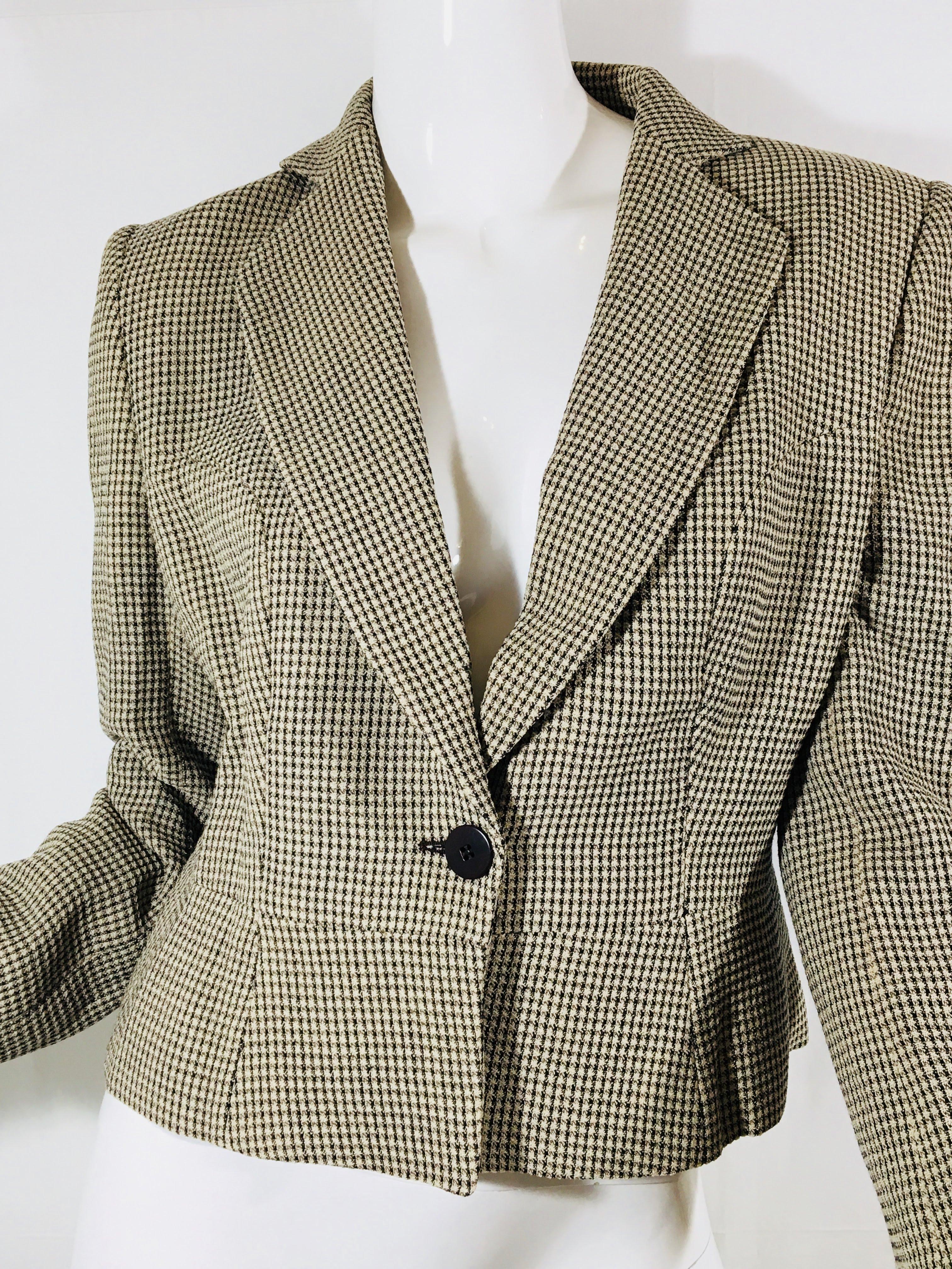 Giorgio Armani Blazer, Single Button Cropped Dress Blazer in Tan/Brown Laine Wool Check-Print.