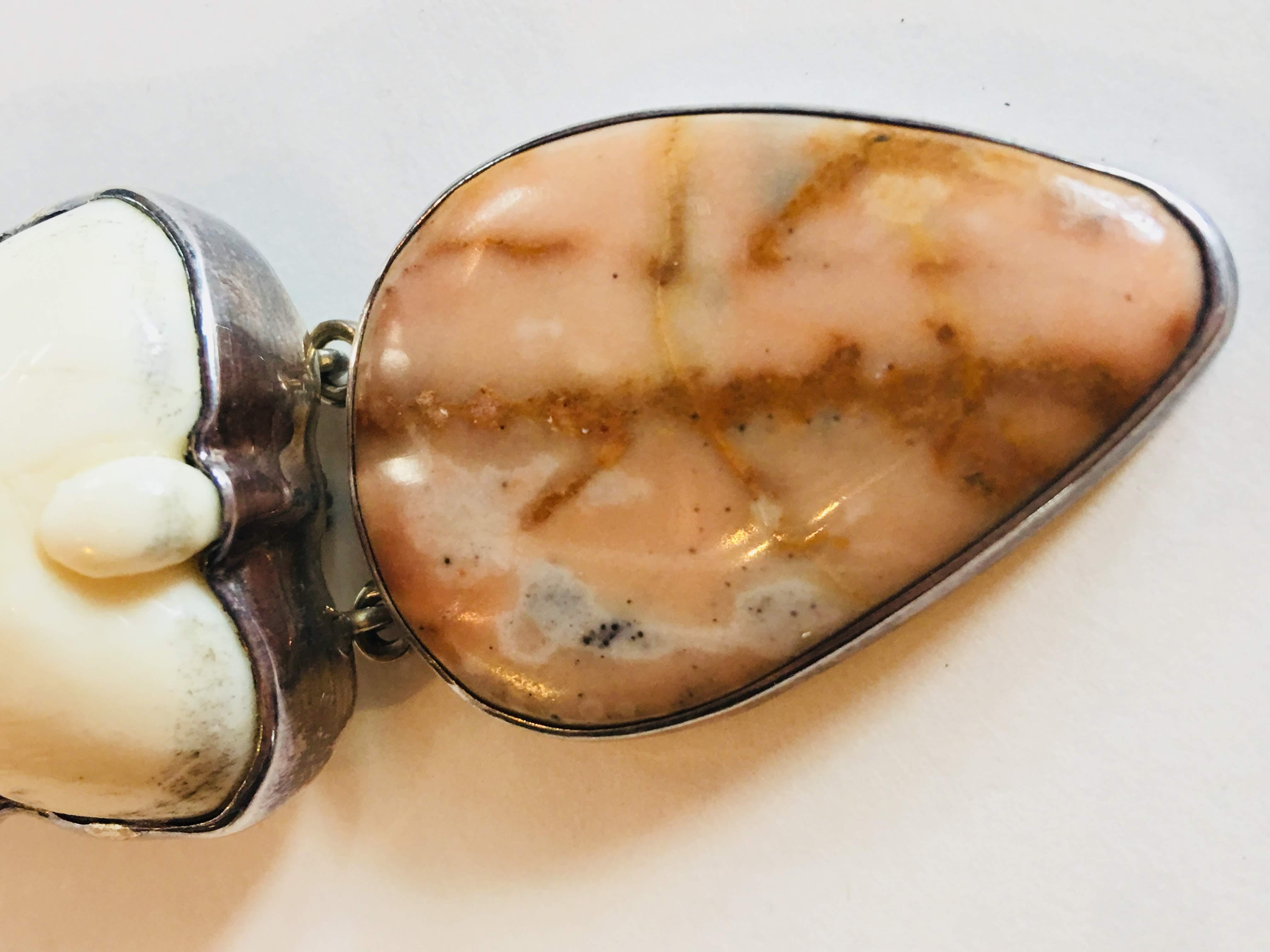 Amy Kahn Russell Pin/ Brooch. Carved Rabbit in Bone, Agate Teardrop and Silver Backing.