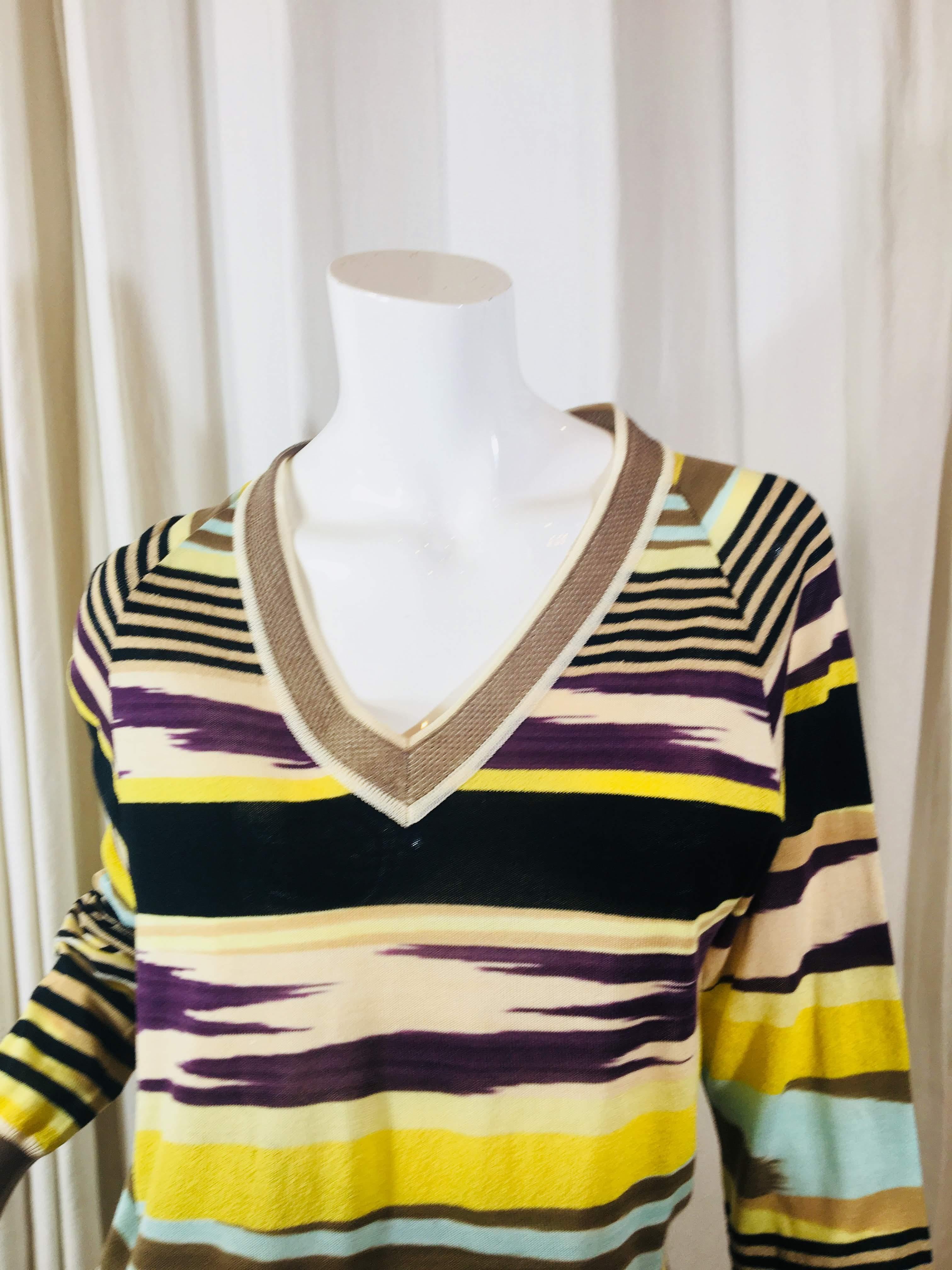 Missoni Long Sleeve Thin Cotton Blend Sweater with All Over Multi-Color Stripe Print and V-Neckline.