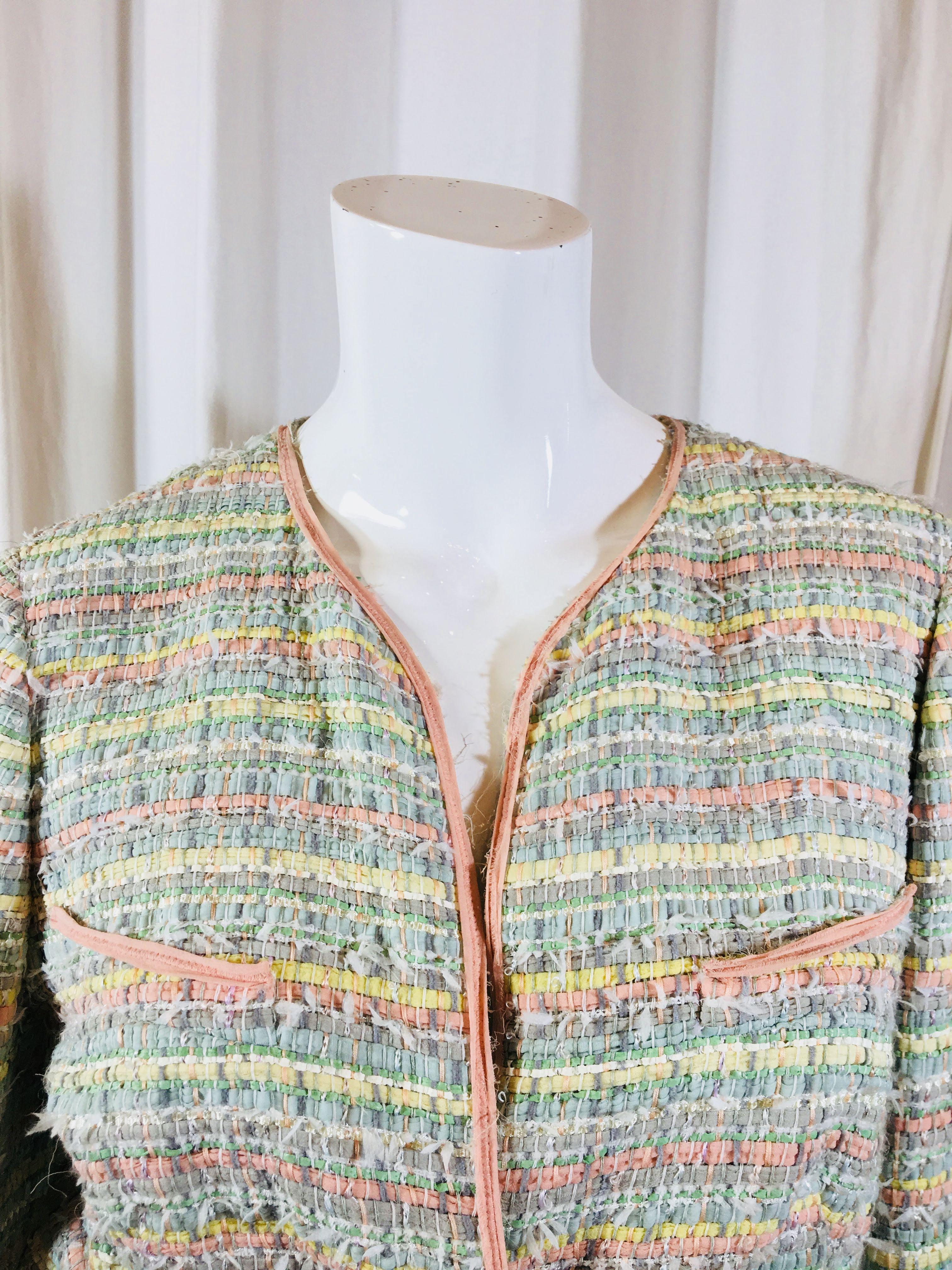 Chanel Pastel Cotton/Silk Tweed Collarless  Jacket With One Gold Logo Button And Two Front Pockets. 
