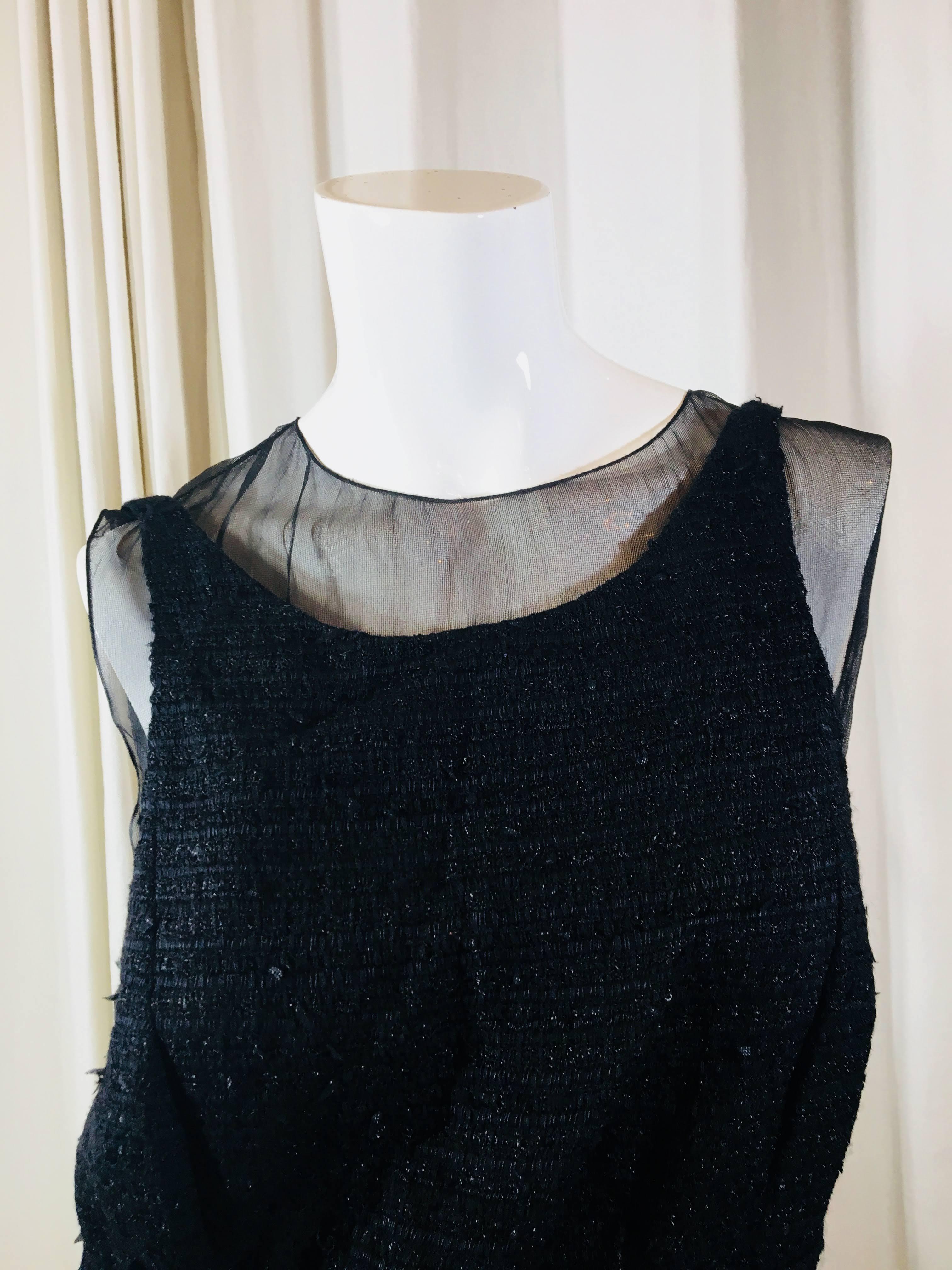 Chanel Sleeveless Tweed Dress with Mesh Slip and Low Back with Button Up Slip Exposed.