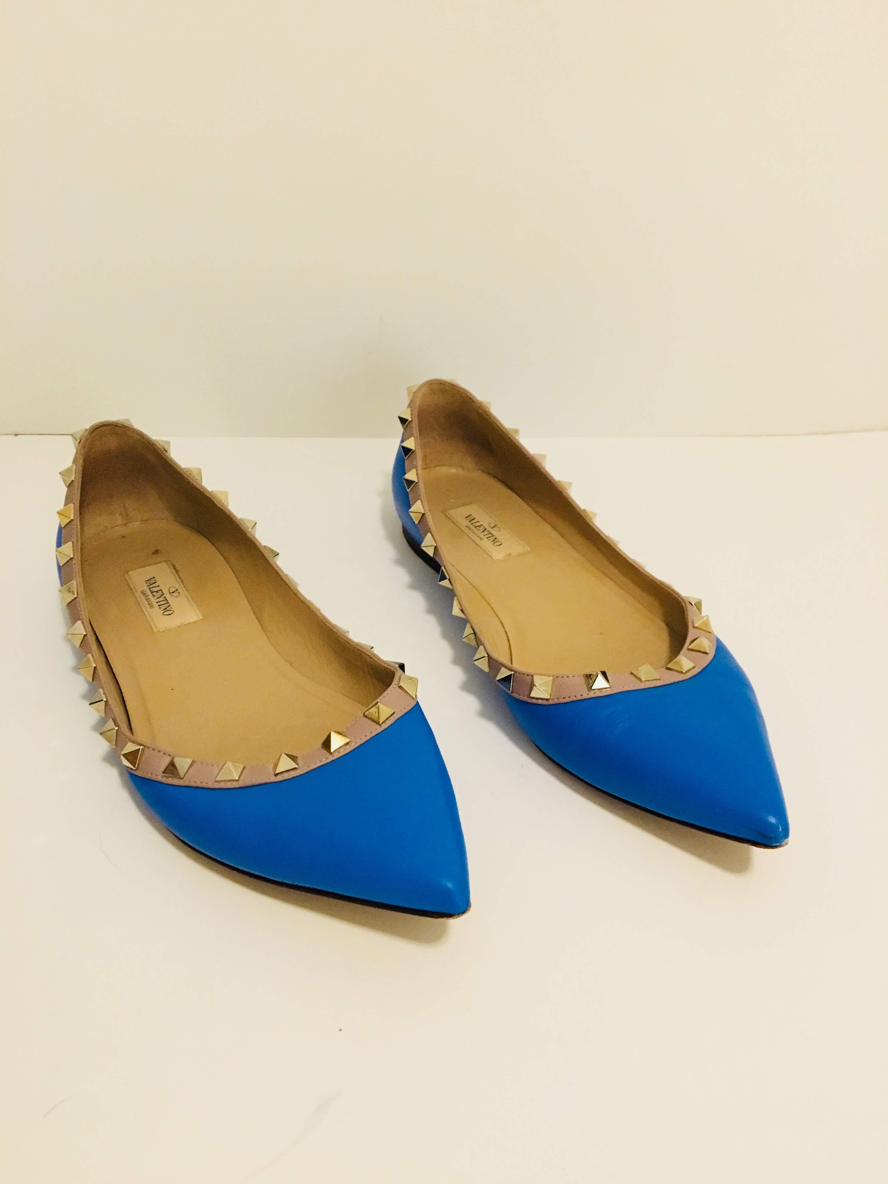 Royal Blue Leather Valentino Flats with Gold Studded Trim and Pointed Toe.