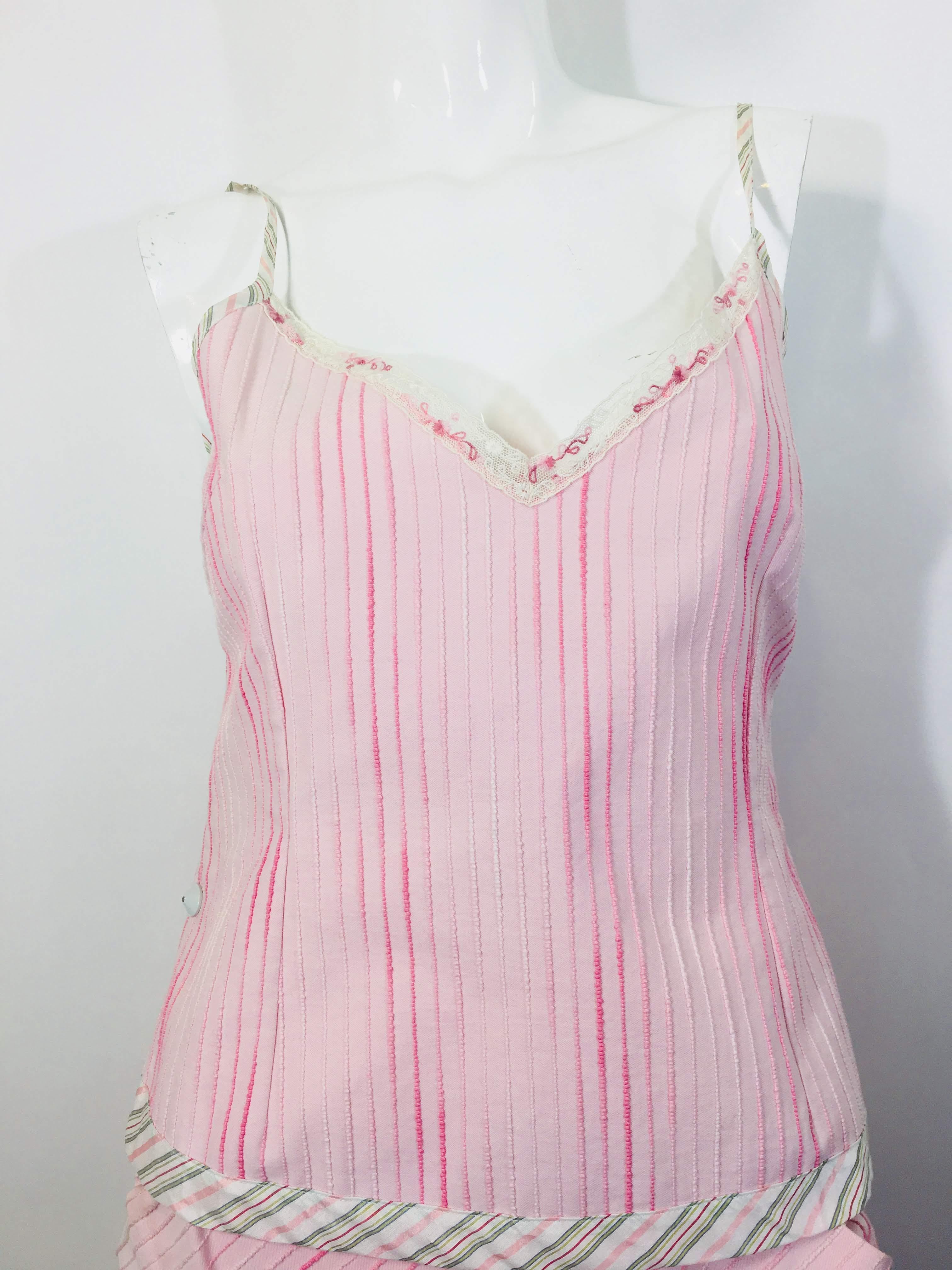 Chanel Size 38 Pink, Cotton 2 PC Striped And Pleated Skirt With Strappy Top.