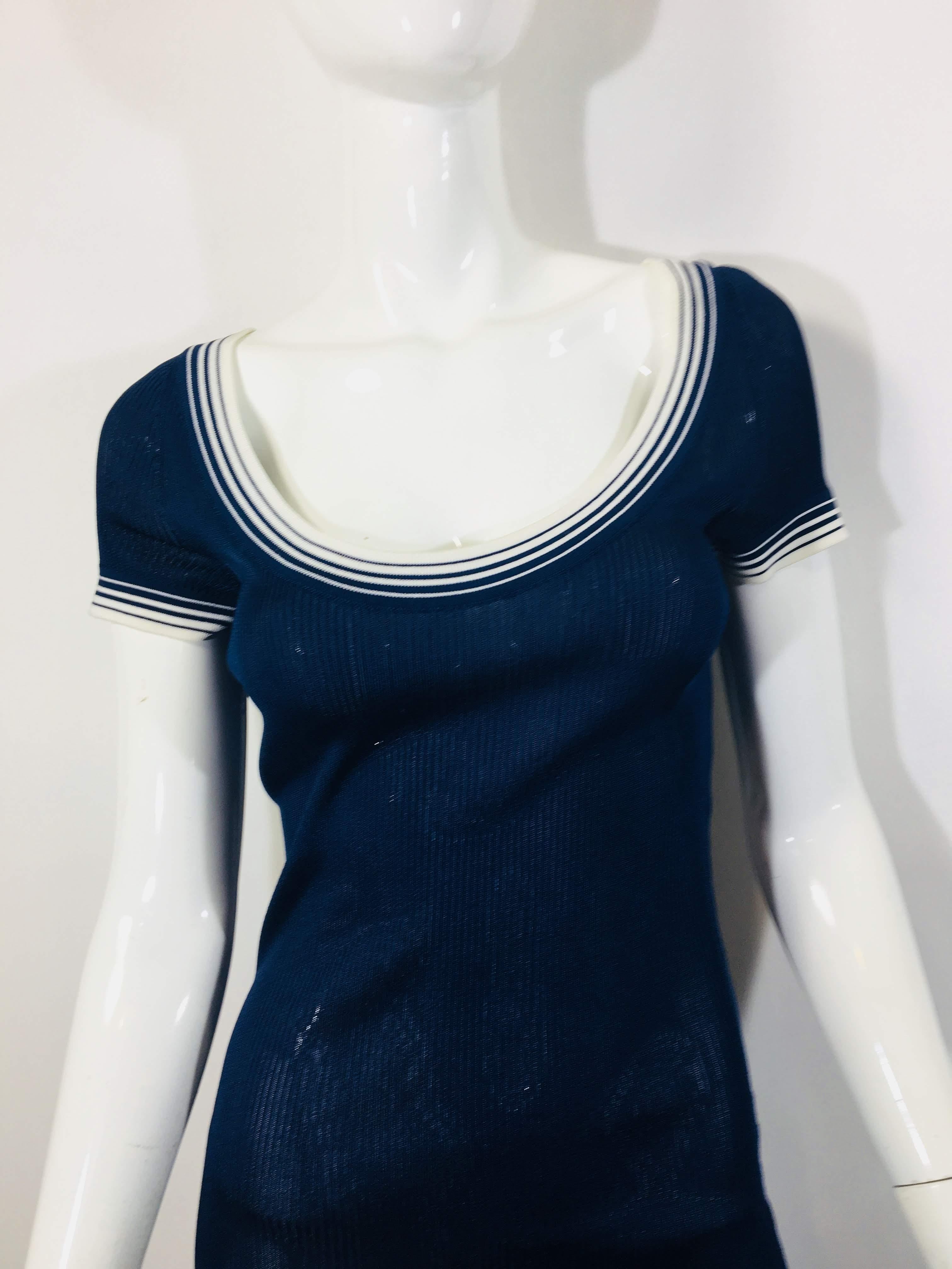 Herve Leger, Large Navy S/S  Knit Dress With Scoop Neck And White Stripe Trim 