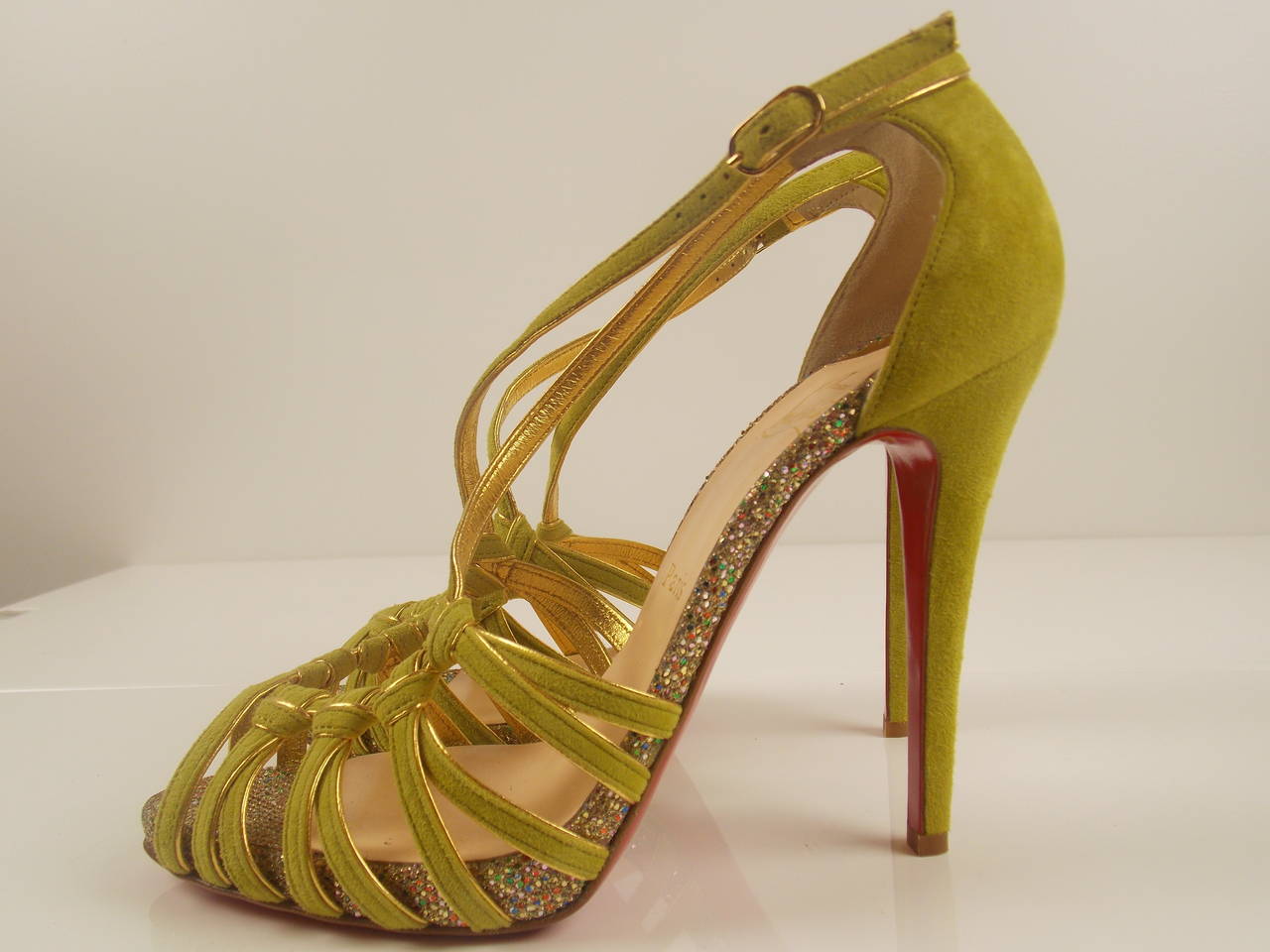 Christian Louboutin 8 Mignons 150mm Peep Toe Pumps, Suede with Gold Leather Trim, 4
