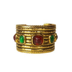 Chanel Estate Gold Cuff Bracelet With Gripoix Emerald and Ruby Stones