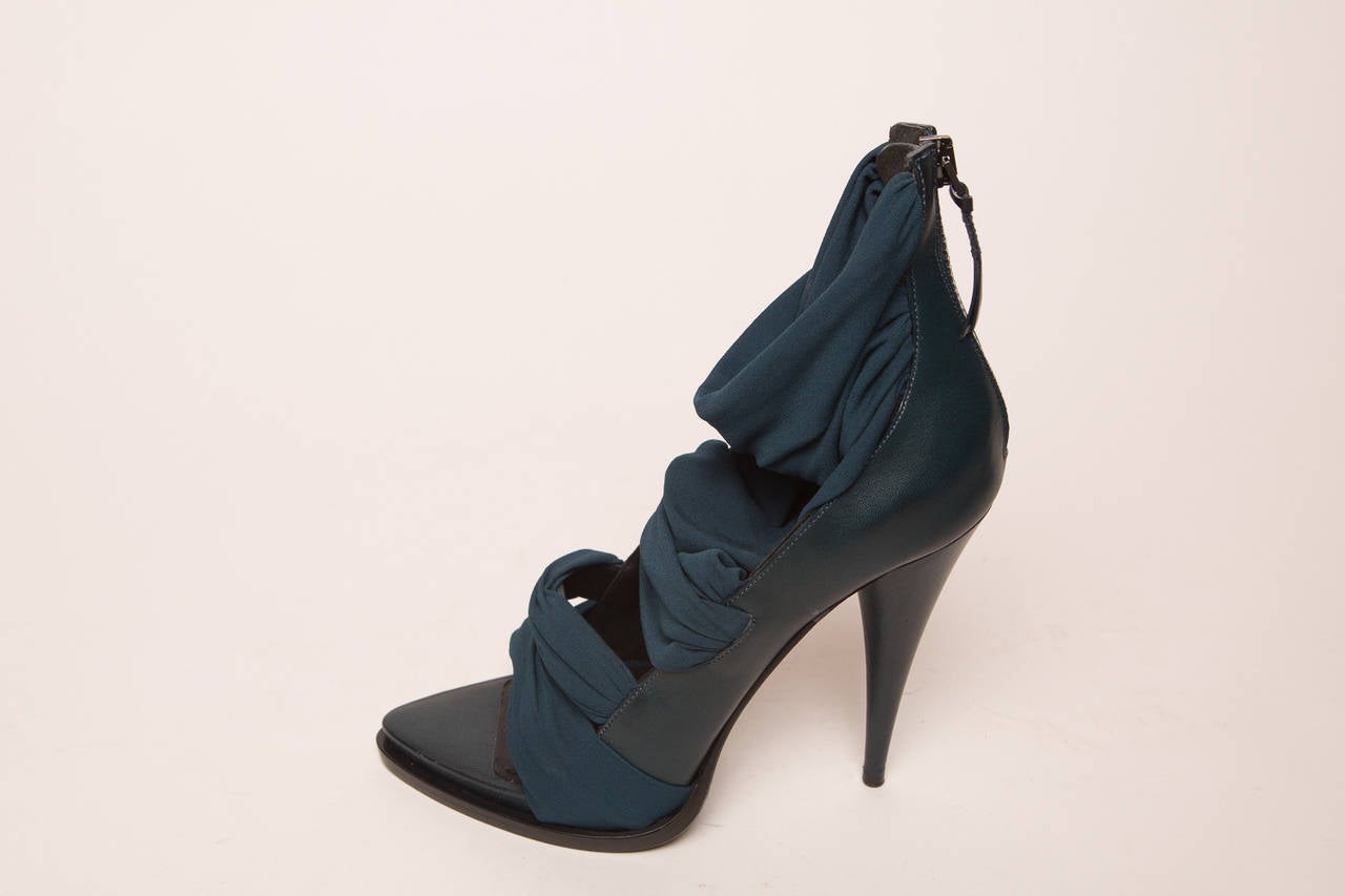 Givenchy teal leather and fabric high heel sandal with back zip closure.