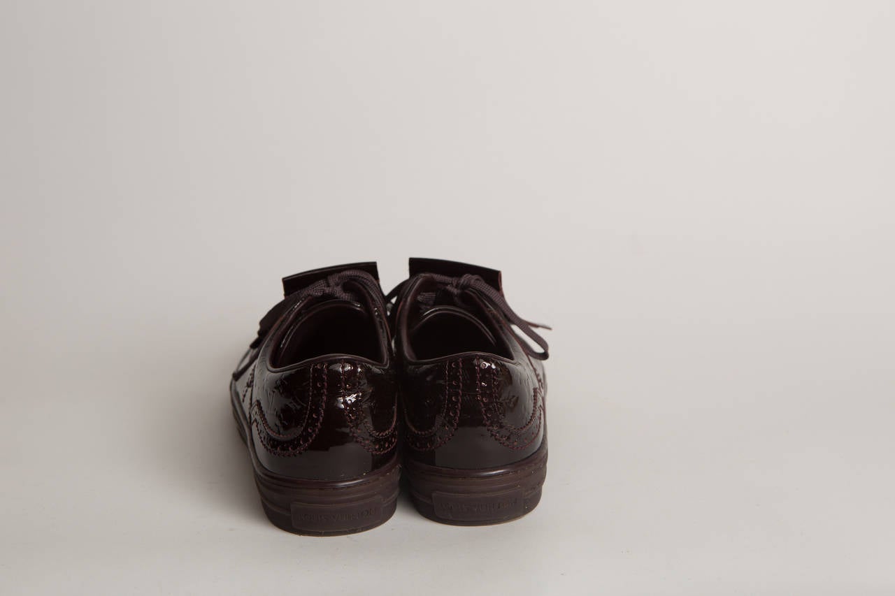 Louis Vuitton Chocolate Patent Leather Brogue Sneakers In New Condition In Bridgehampton, NY