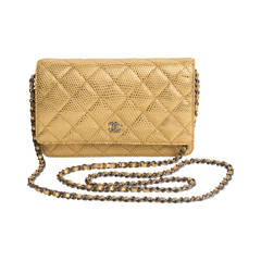 Chanel Limited Edition Lizard Gold Leather Quilted Wallet On A Chain
