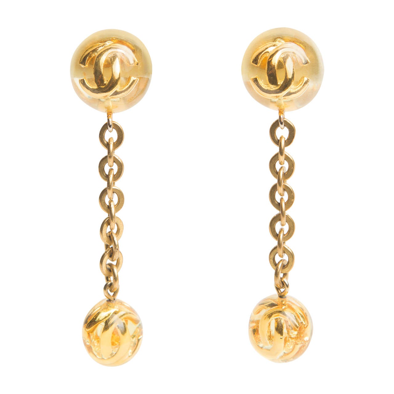 CHANEL  Gold and Lucite Drop CC Logo Earrings