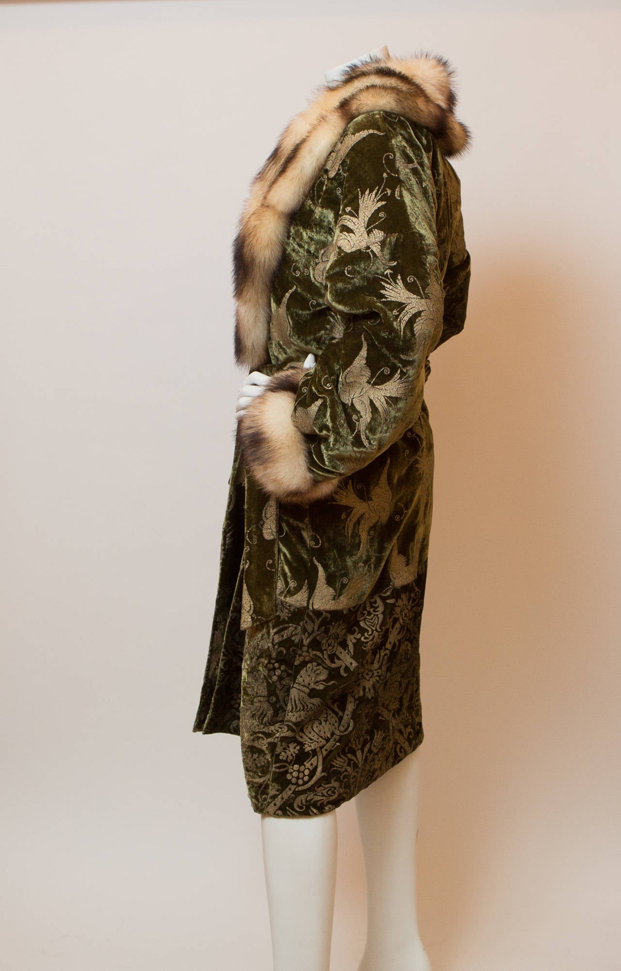 Roberto Cavalli Brocade and Velour Coat with Fur Collar In Excellent Condition In Bridgehampton, NY