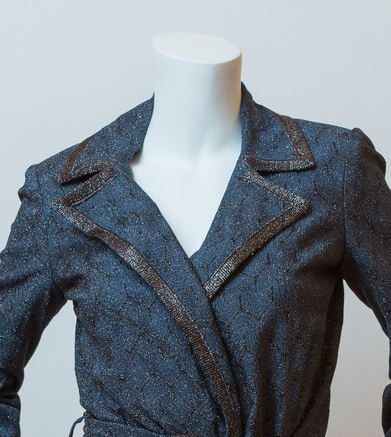 Missoni cobalt blue and bronze belted knit coat.