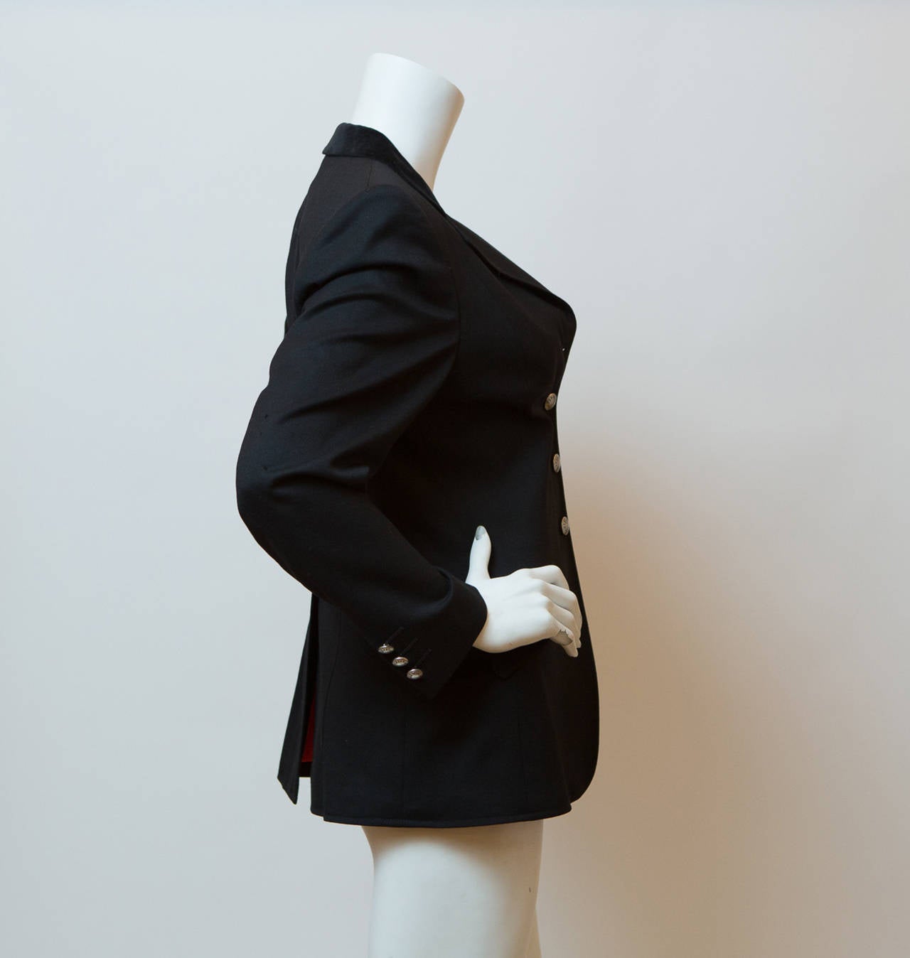 Hermes vintage black riding coat style single breasted blazer with velvet collar and silver button details, with red silk lining.