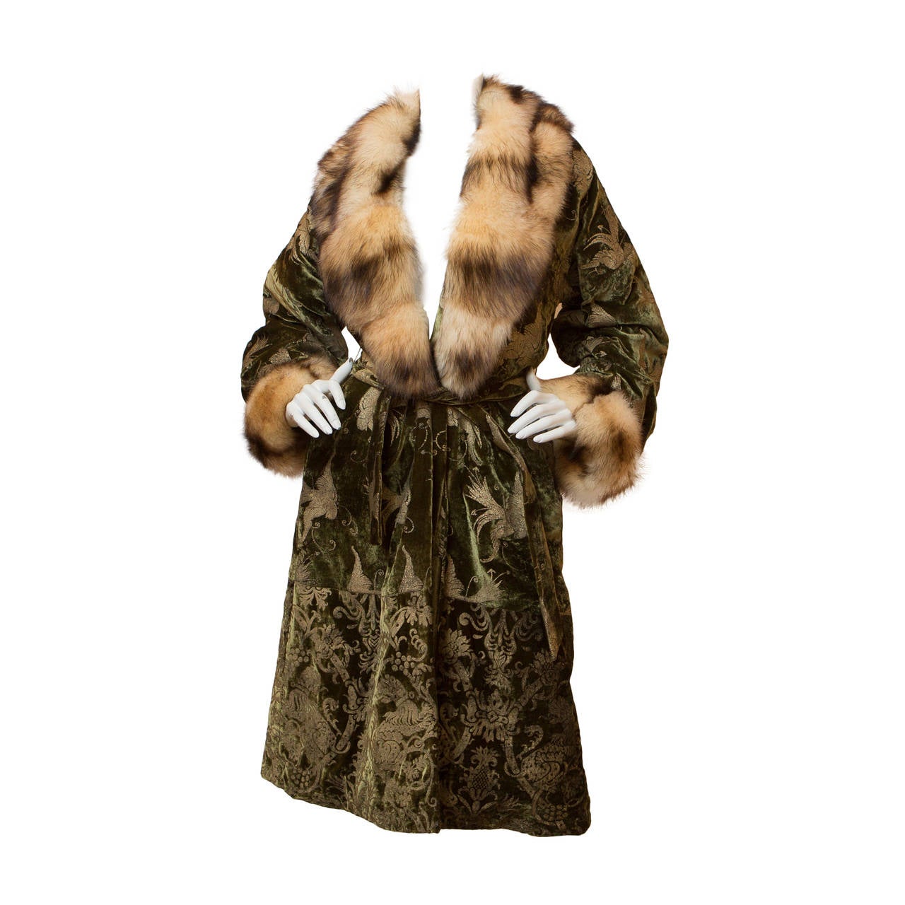 Roberto Cavalli Brocade and Velour Coat with Fur Collar