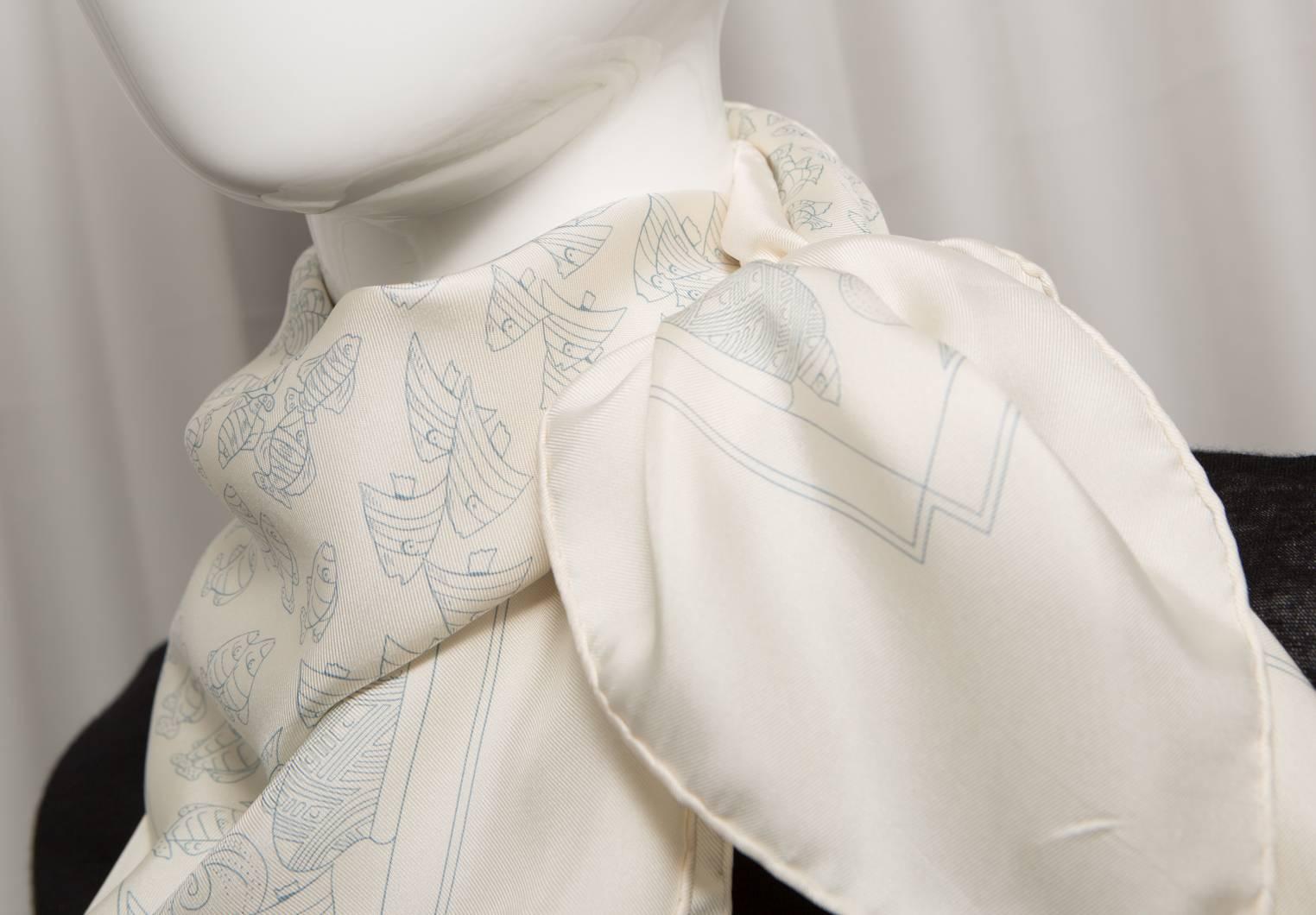 Hermes 'Reniuntre Oceane' Cream and Light Blue Scarf In Excellent Condition In Bridgehampton, NY