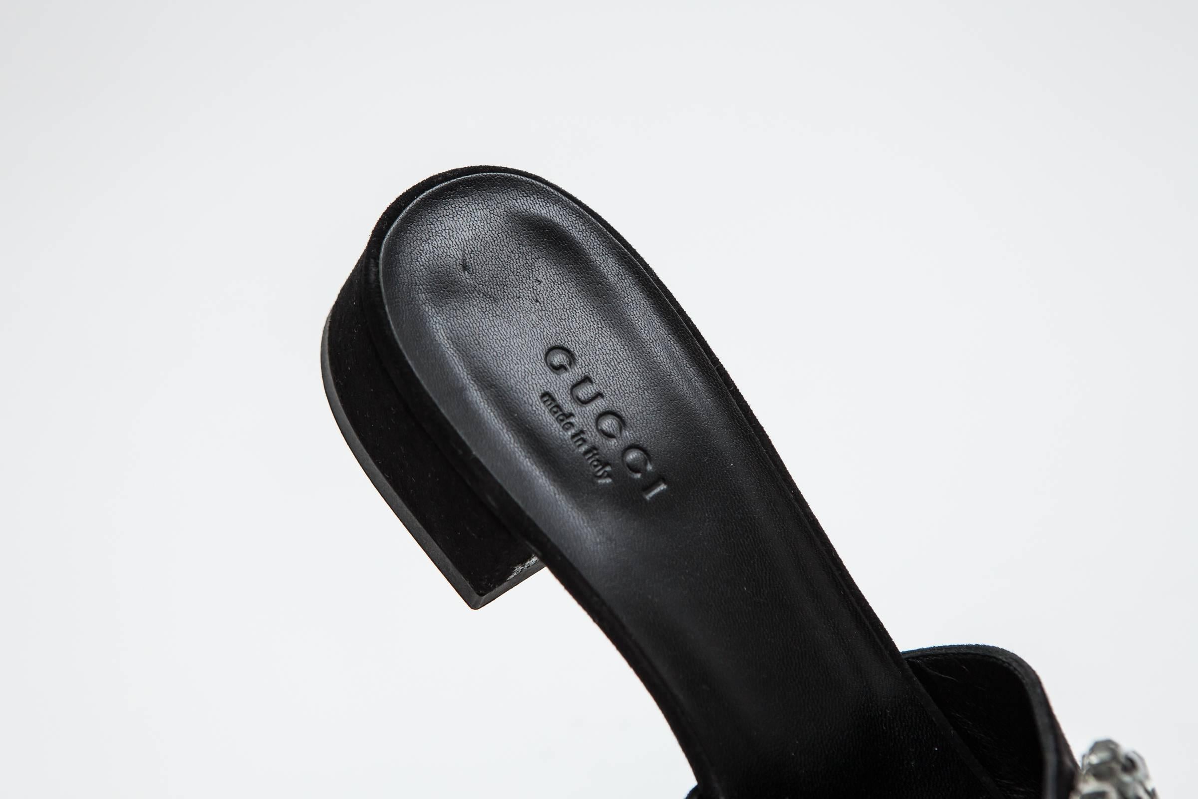 Gucci Black Suede Slides with Rhinestone Detail In Excellent Condition In Bridgehampton, NY