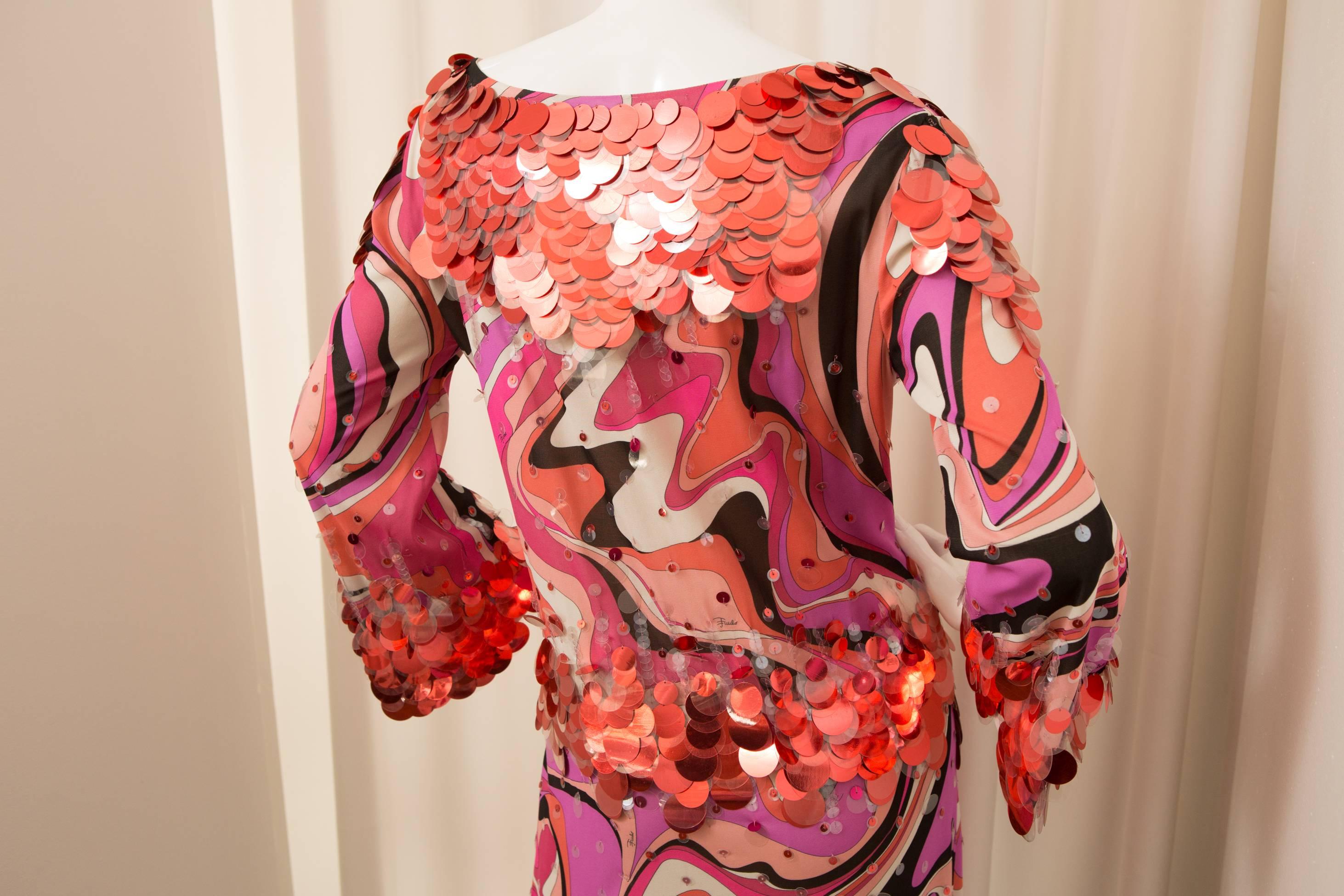 Silk multicolored shift dress with paillette detail.