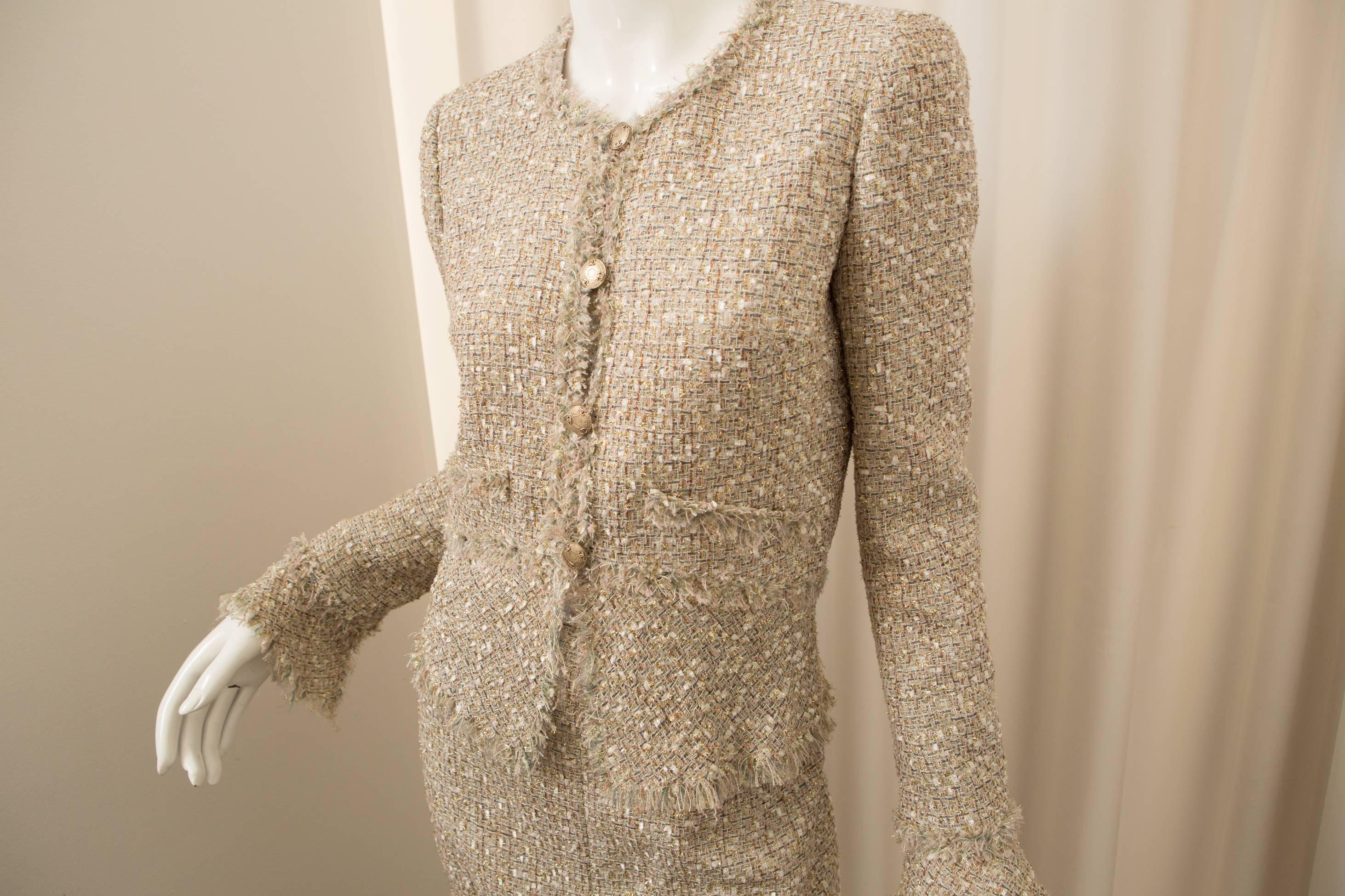 Beige Chanel Two Piece Metallic Tweed Skirt Suit