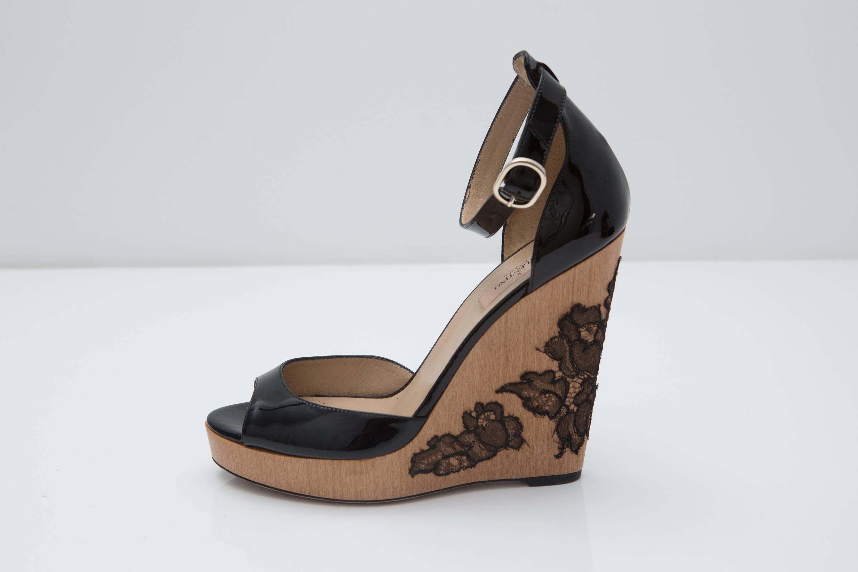 Ankle strap open toe wedges with lace detail on heel 
