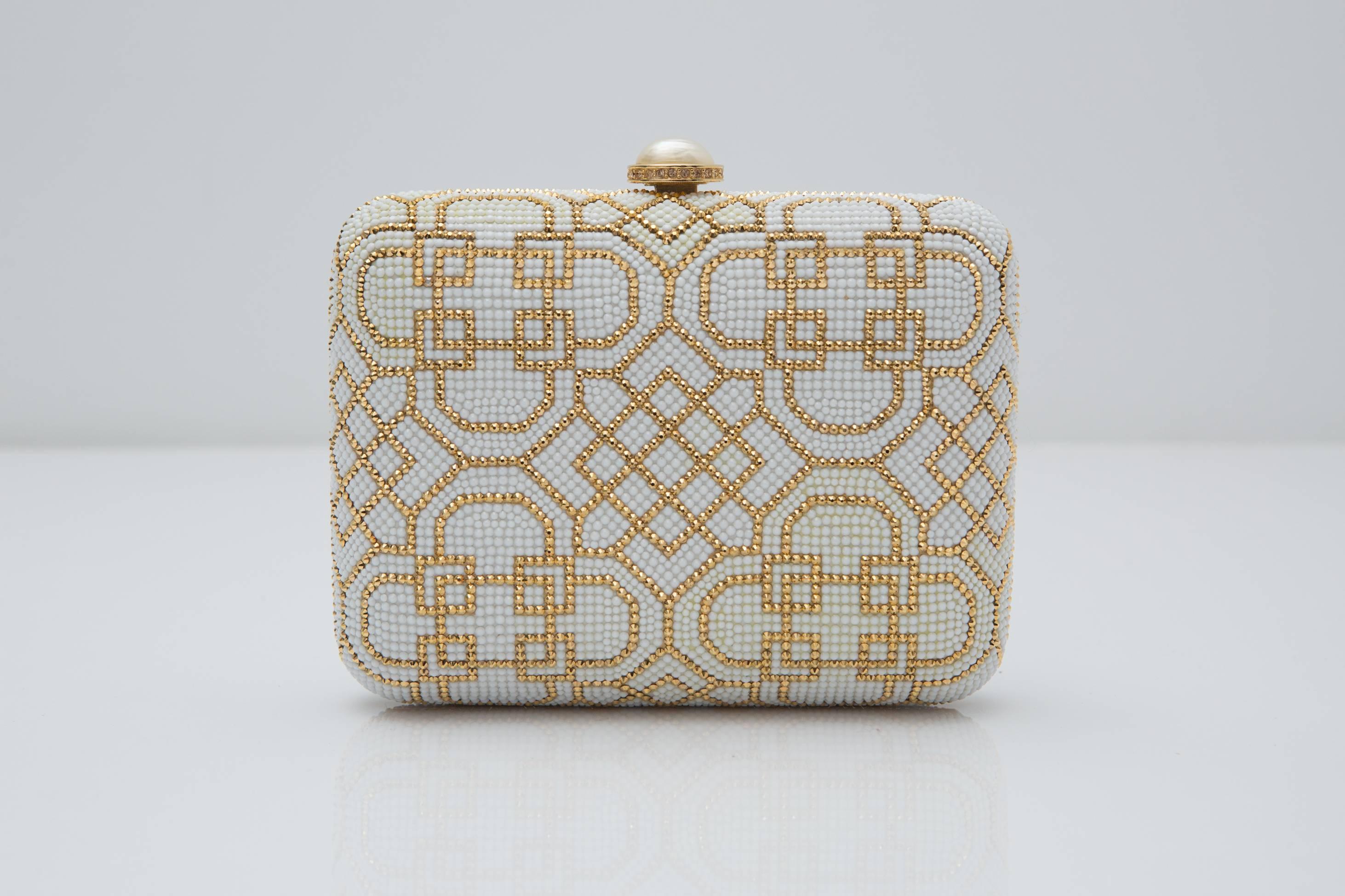 Judith Leiber Ivory and Gold Patterned Clutch  In Excellent Condition In Bridgehampton, NY