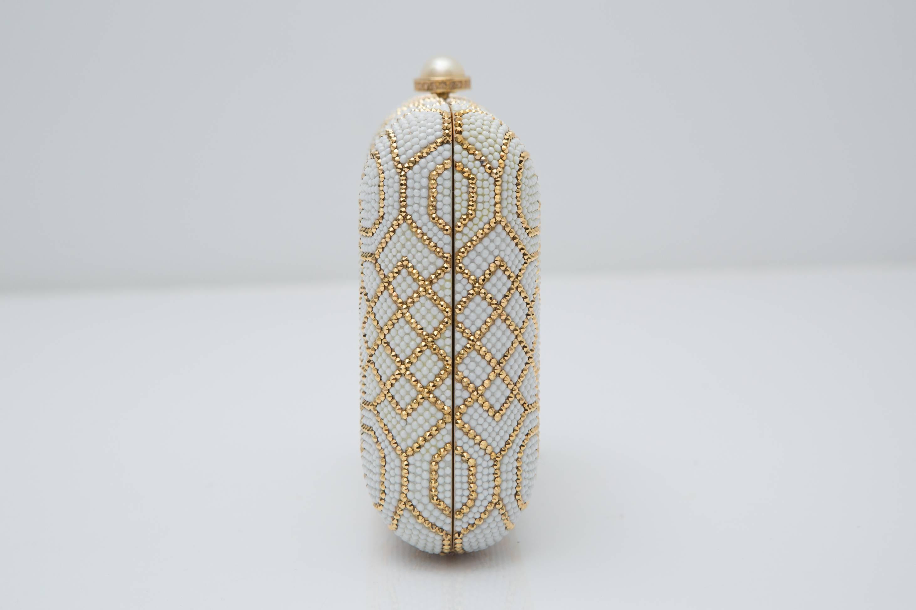 Judith Leiber Ivory and Gold Patterned Clutch  1