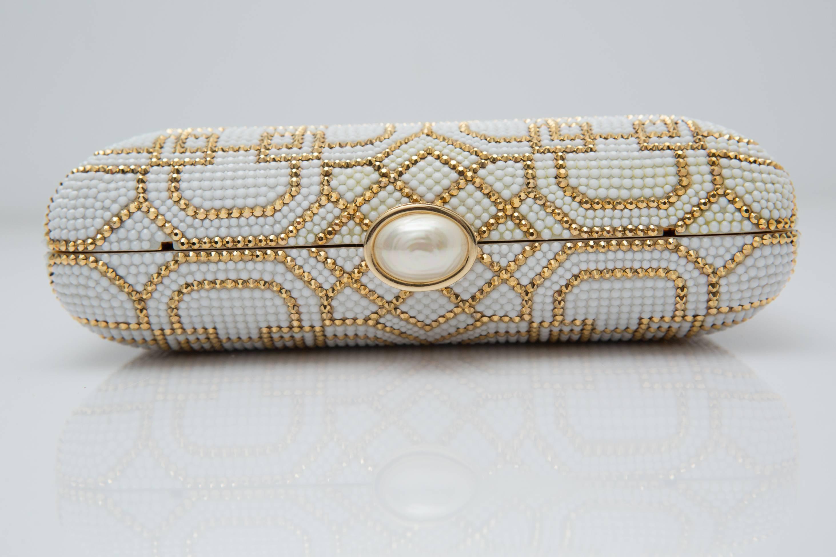 Women's Judith Leiber Ivory and Gold Patterned Clutch 