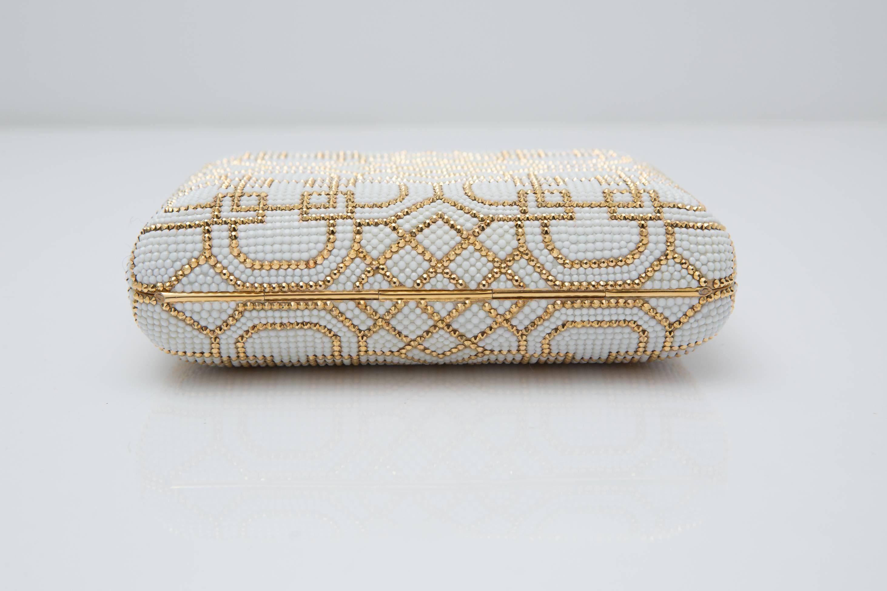Judith Leiber Ivory and Gold Patterned Clutch  3