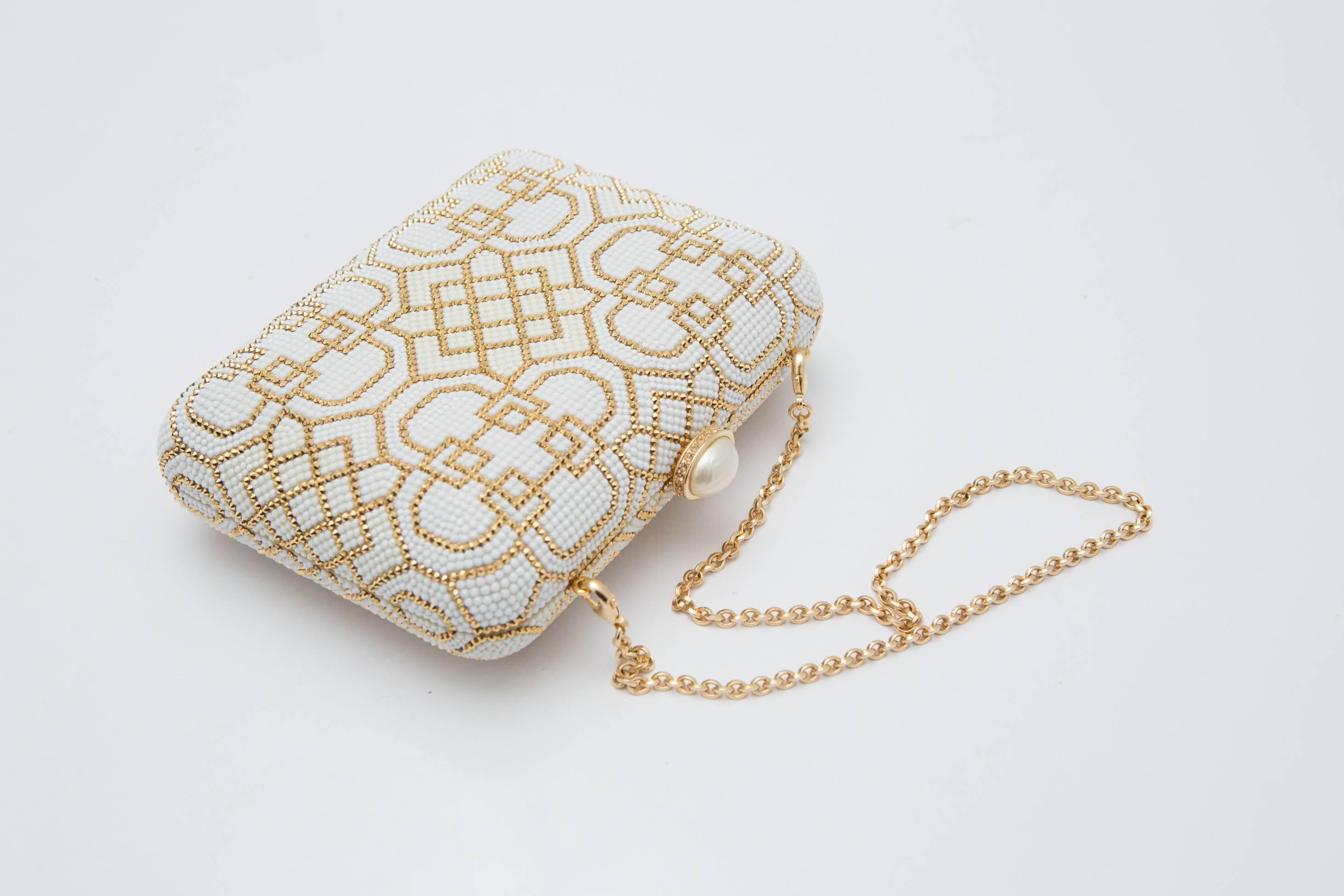Gray Judith Leiber Ivory and Gold Patterned Clutch 