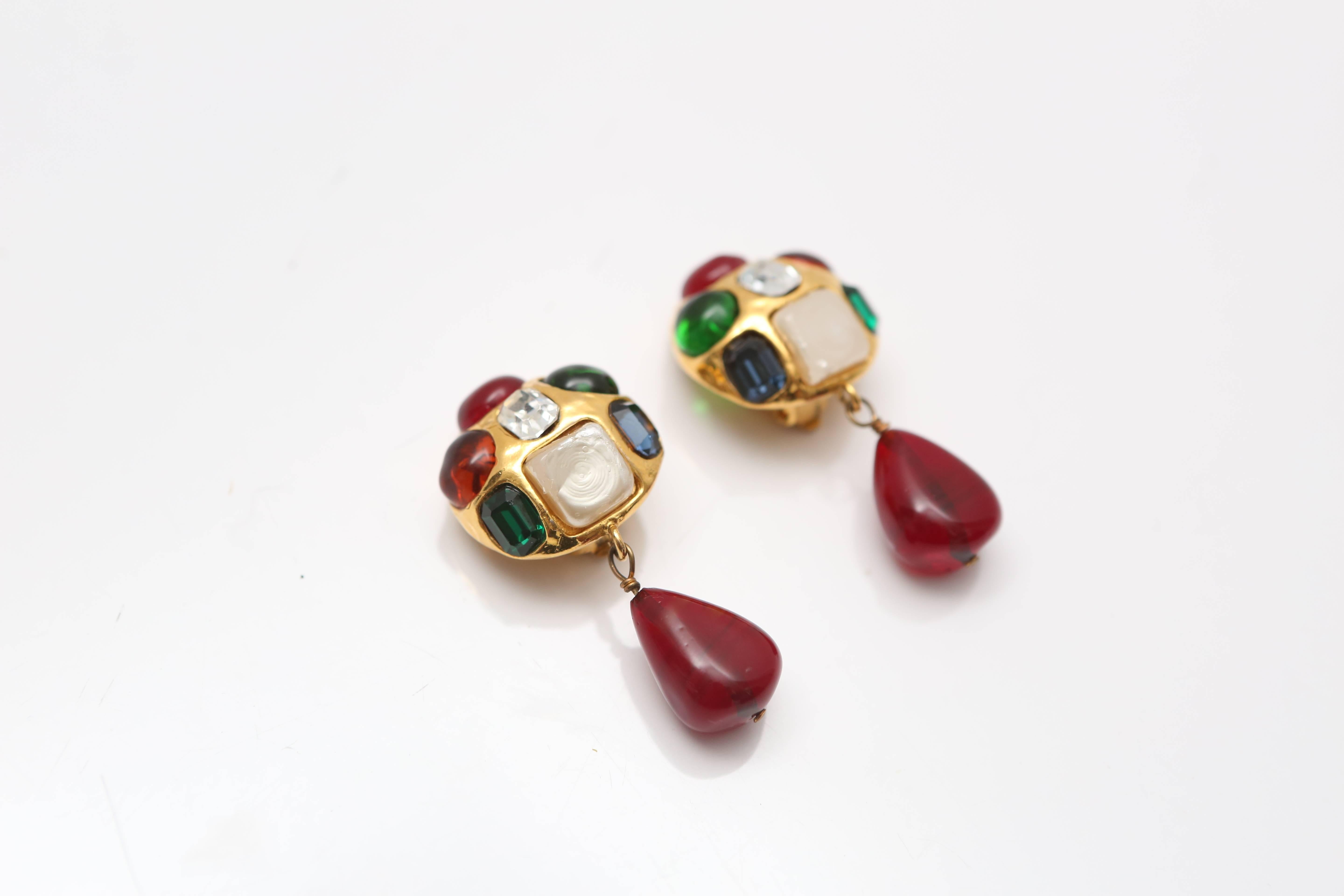 Clip on gold plated earrings with Gripoix glass stones.