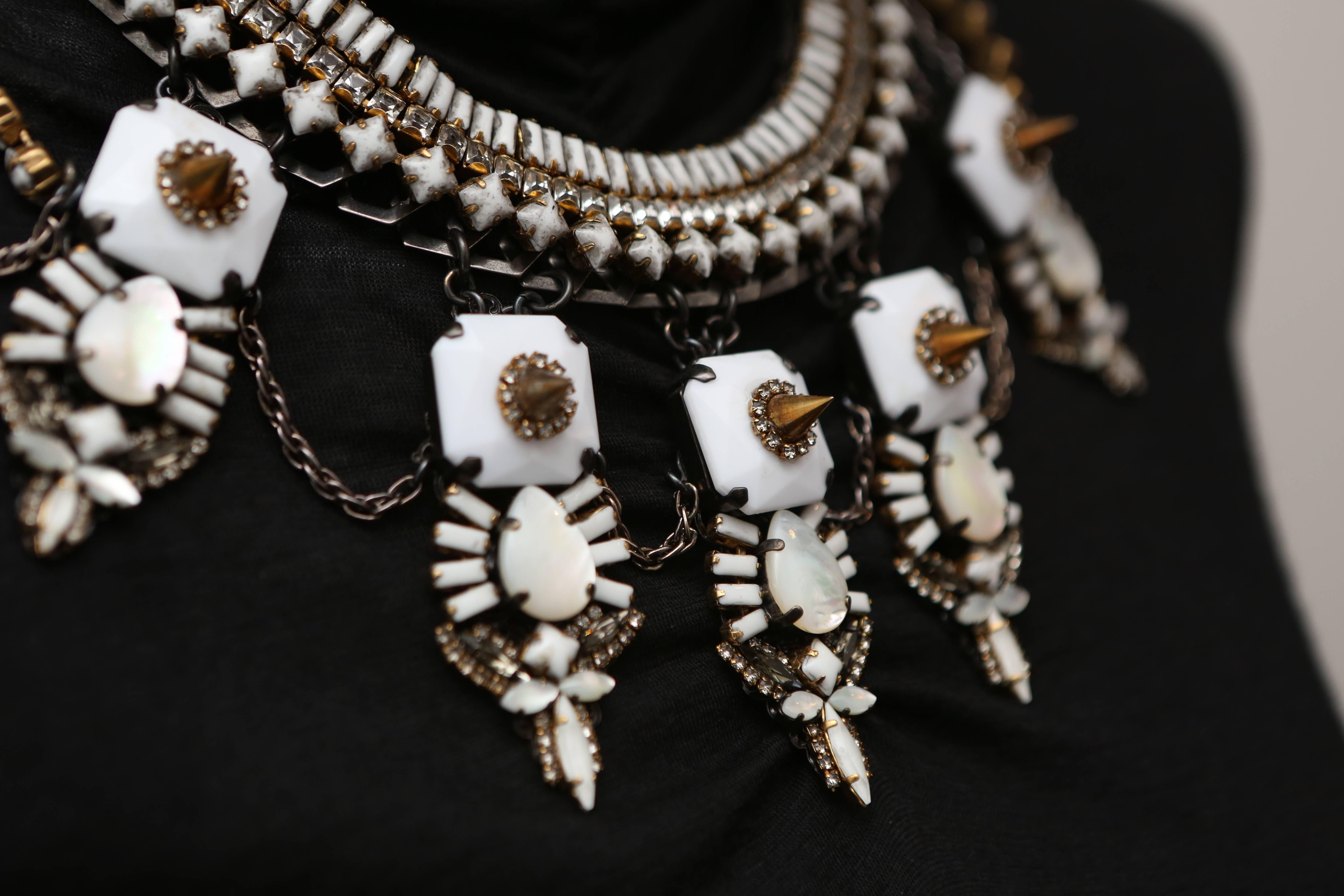 Oxidized silver plated necklace with beads and white cabouchons