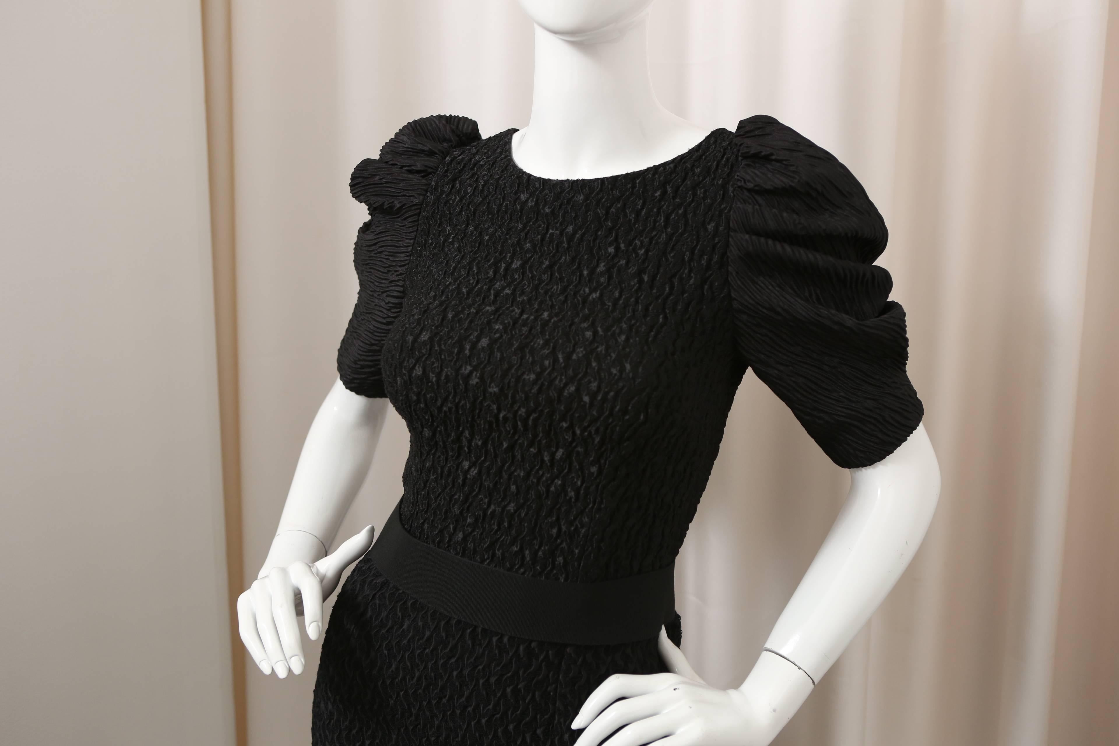 Dolce & Gabbana Puff-Sleeved Black Textured Dress with Attached Belt 1