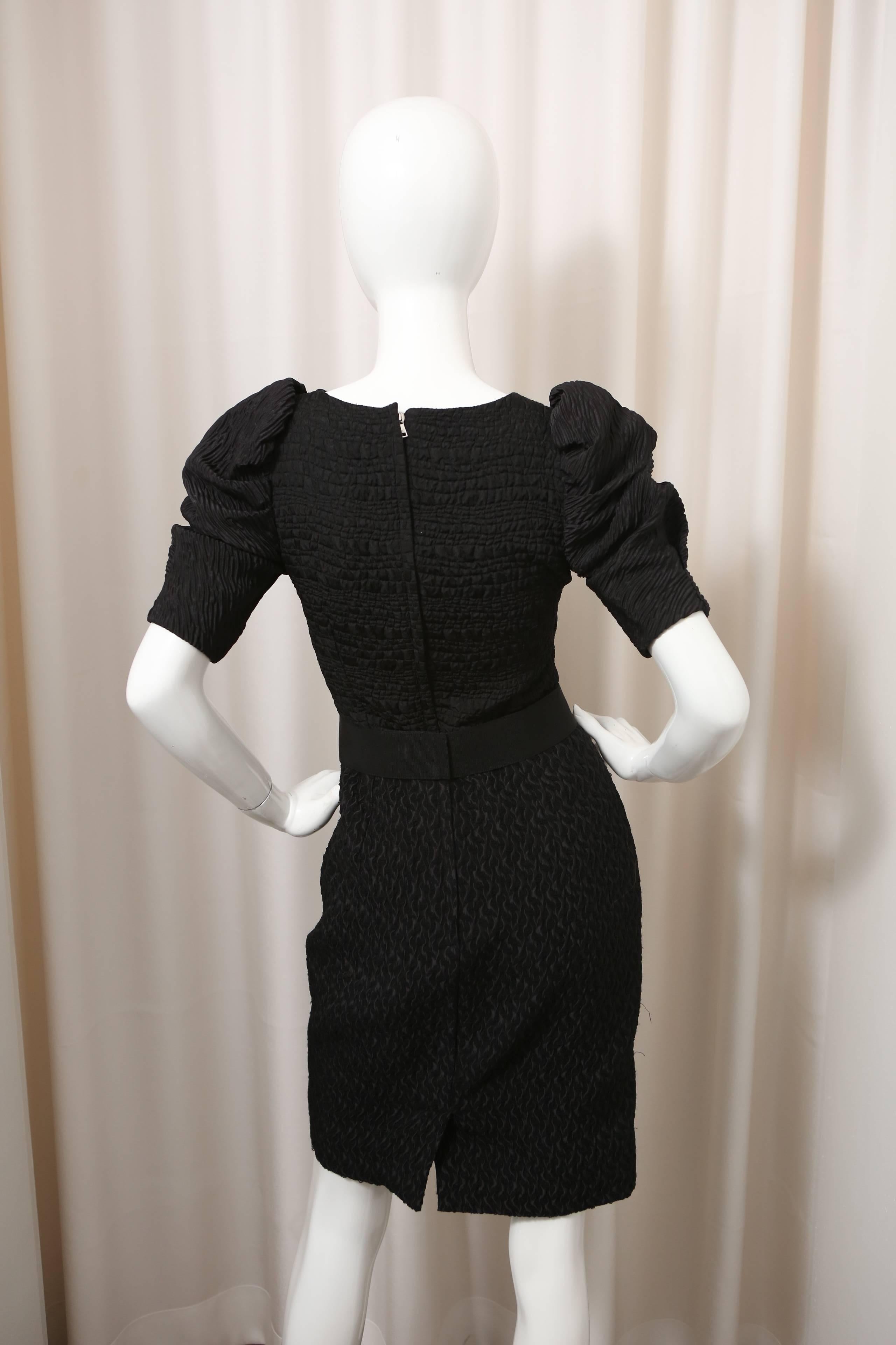 Dolce & Gabbana Puff-Sleeved Black Textured Dress with Attached Belt In Excellent Condition In Bridgehampton, NY