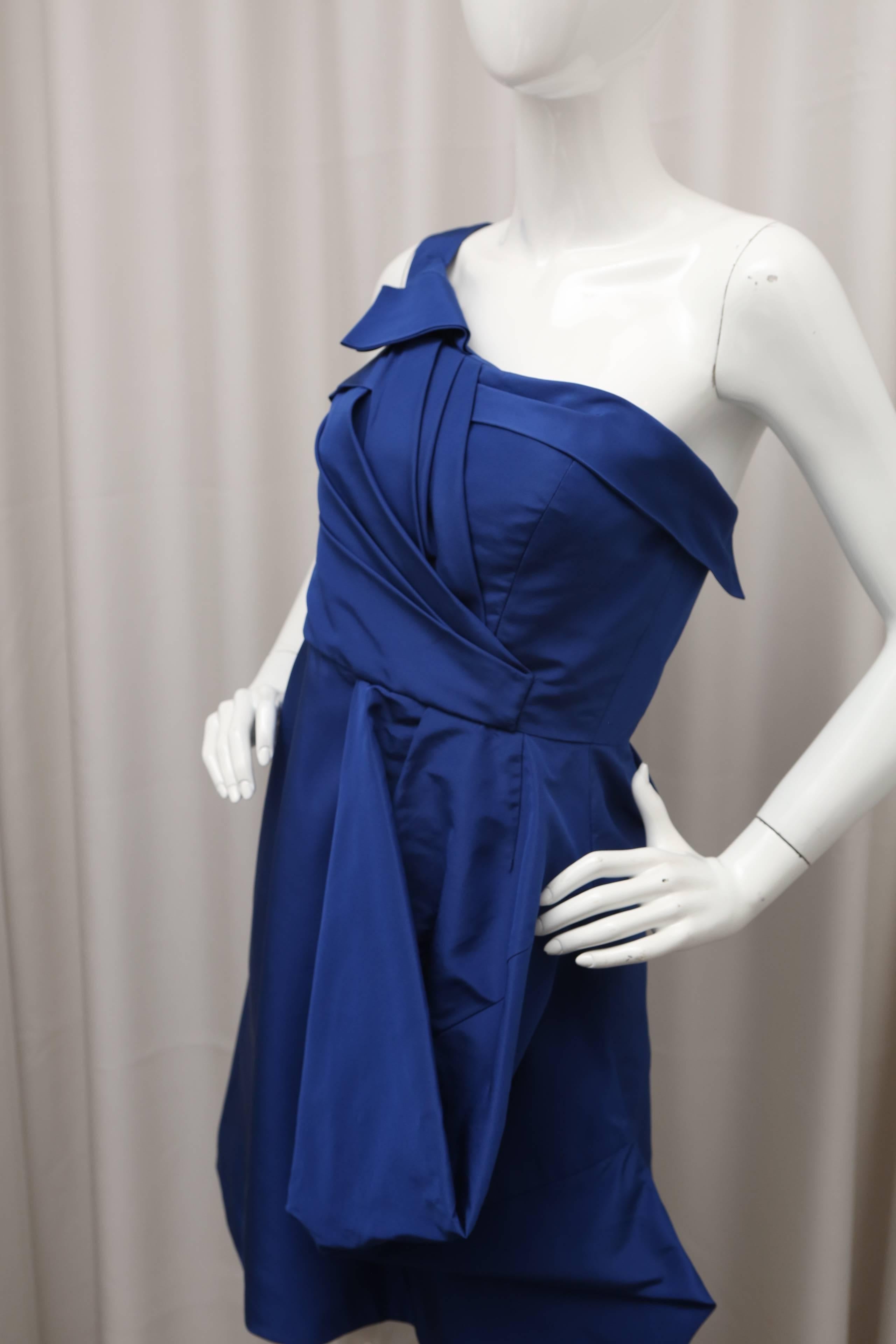 One shoulder silk royal blue dress with interior bustier dress.